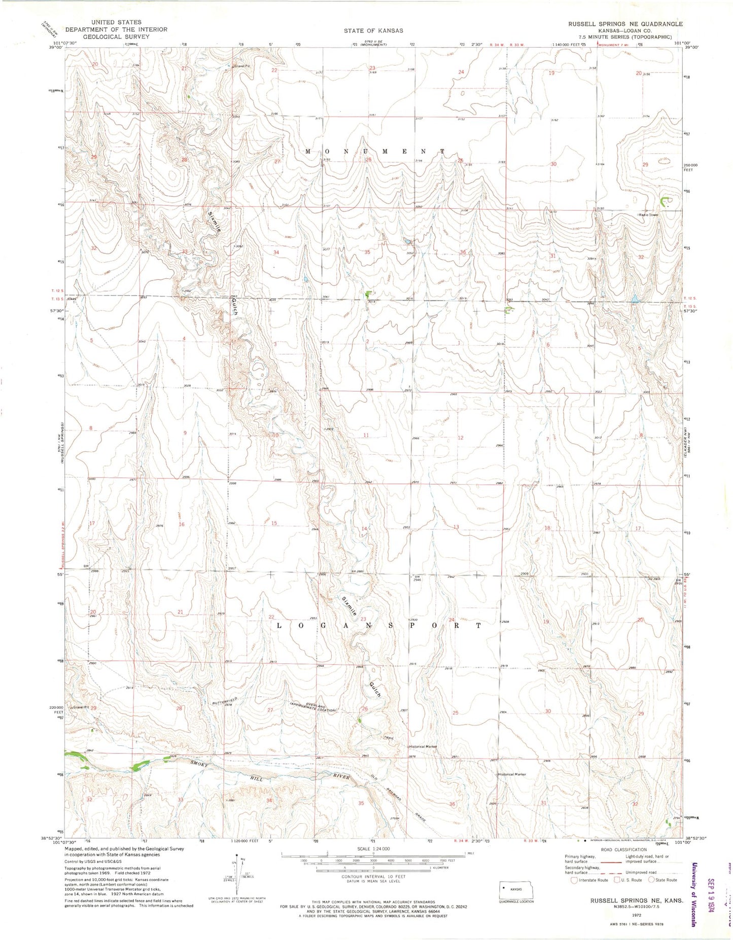 Classic USGS Russell Springs NE Kansas 7.5'x7.5' Topo Map Image