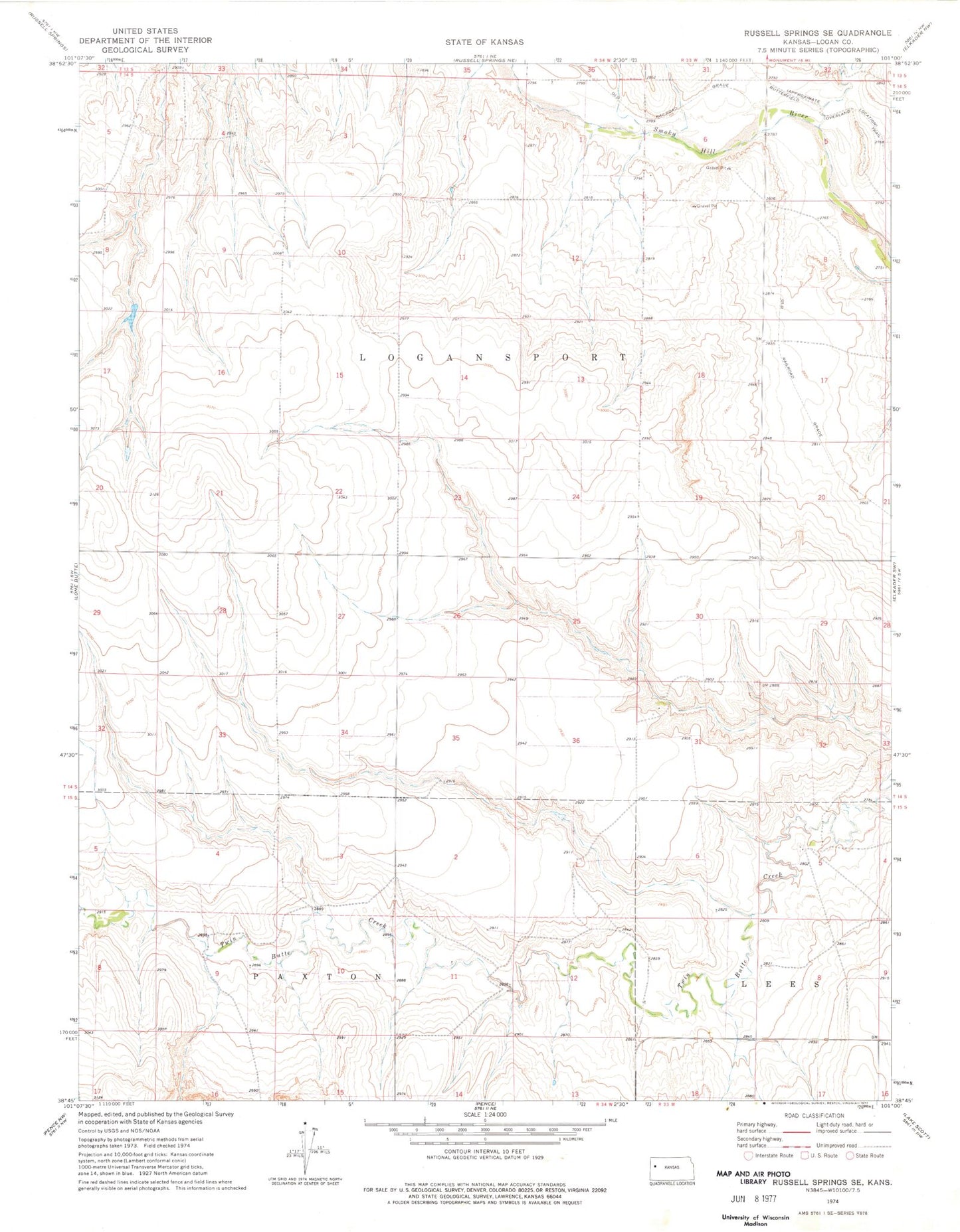 Classic USGS Russell Springs SE Kansas 7.5'x7.5' Topo Map Image