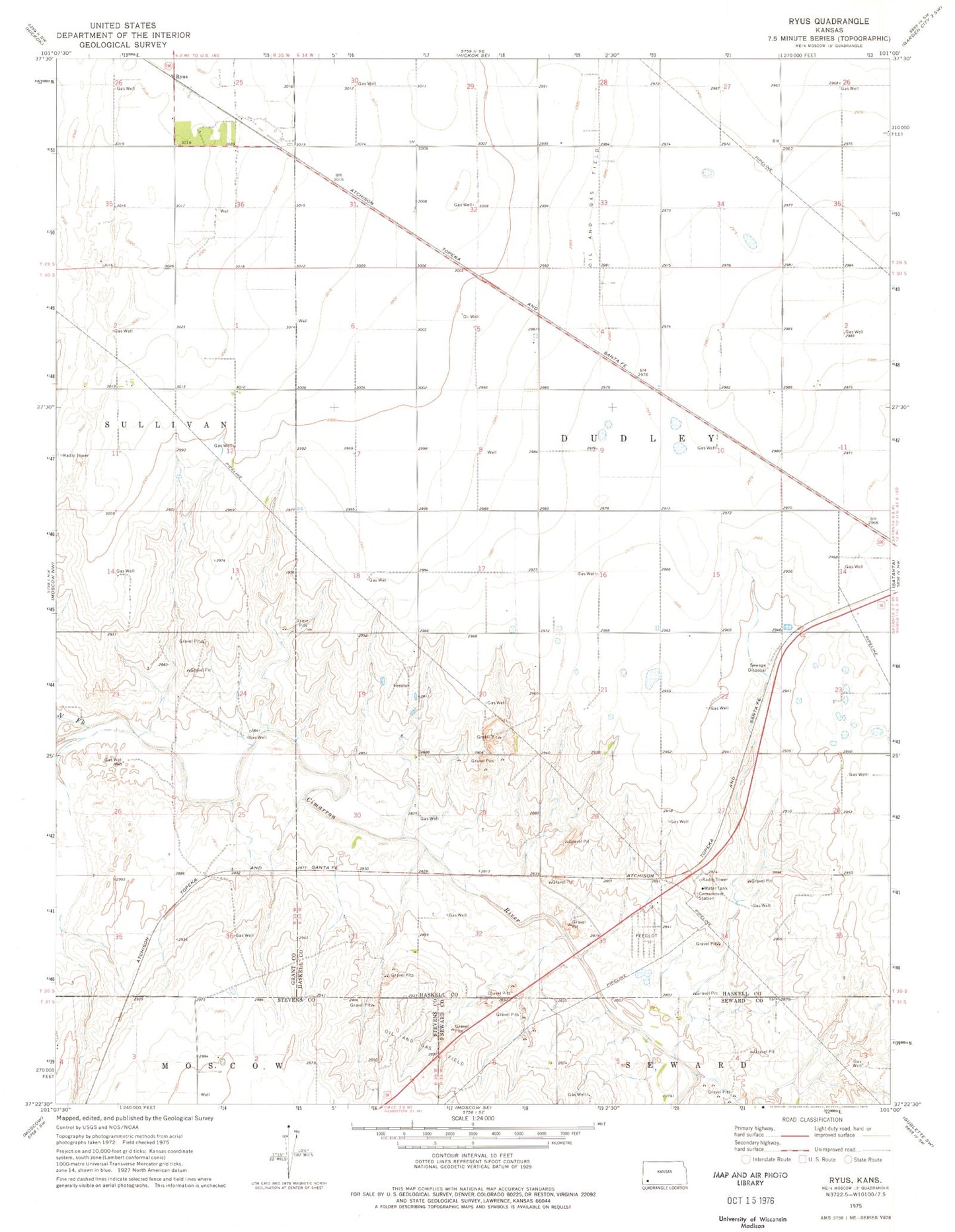 Classic USGS Ryus Kansas 7.5'x7.5' Topo Map Image