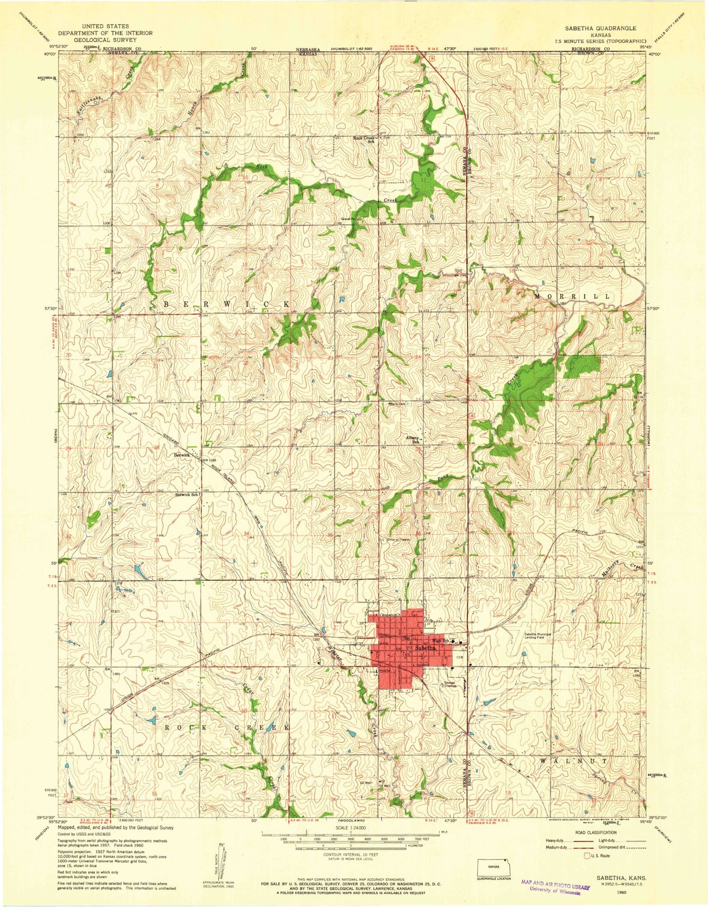 Classic USGS Sabetha Kansas 7.5'x7.5' Topo Map Image