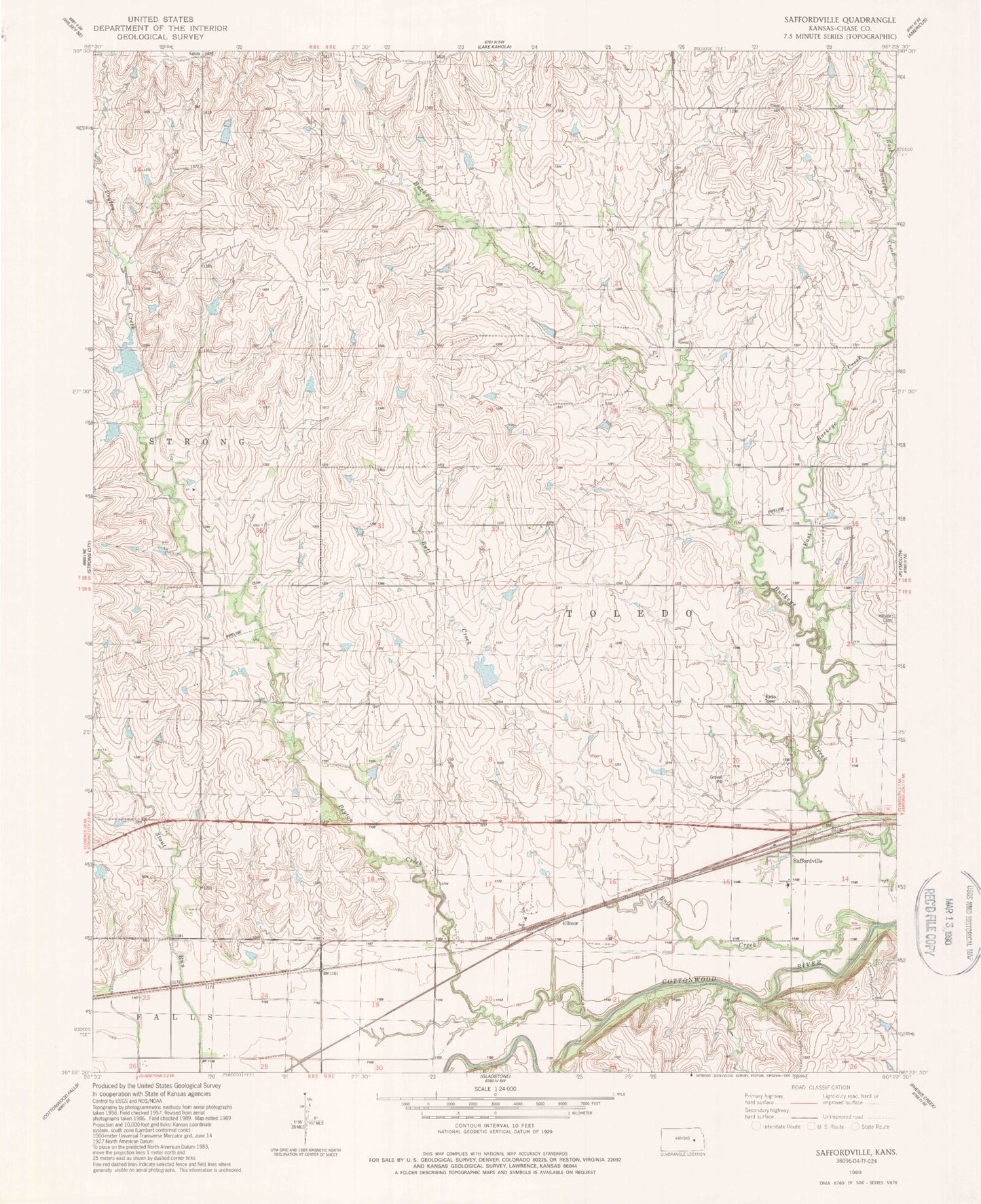 Classic USGS Saffordville Kansas 7.5'x7.5' Topo Map Image