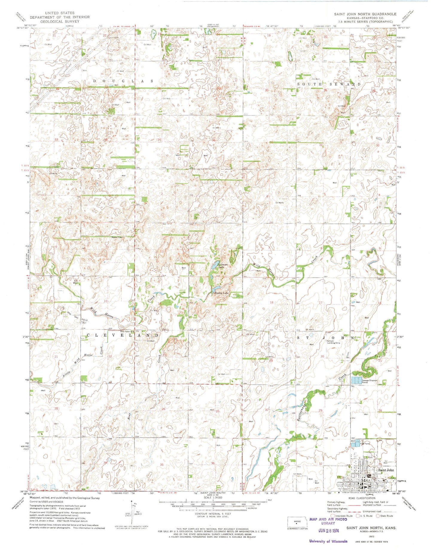 Classic USGS Saint John North Kansas 7.5'x7.5' Topo Map Image