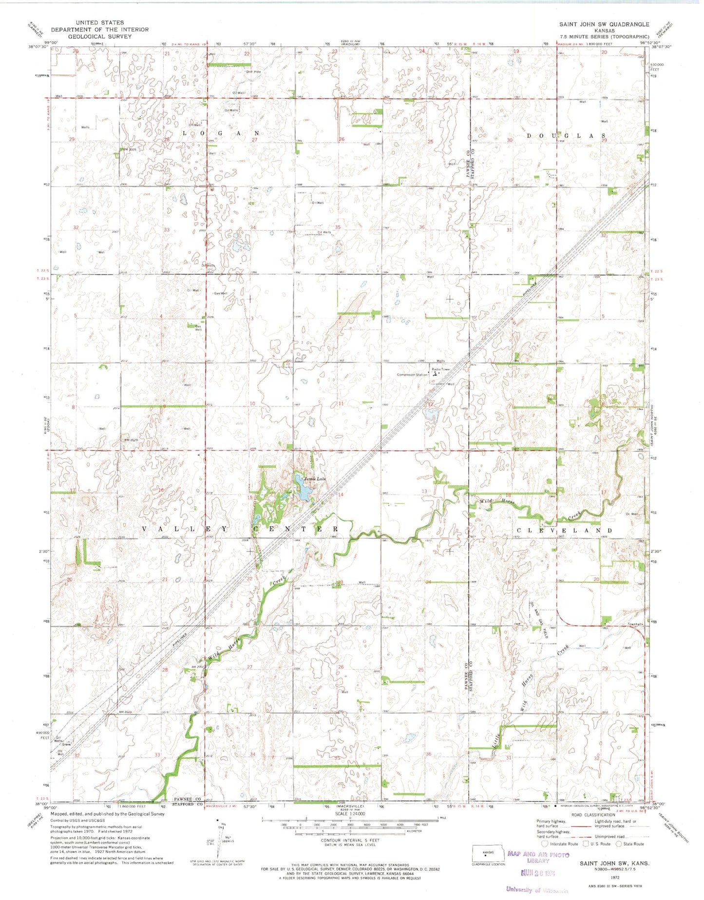 Classic USGS Saint John SW Kansas 7.5'x7.5' Topo Map Image