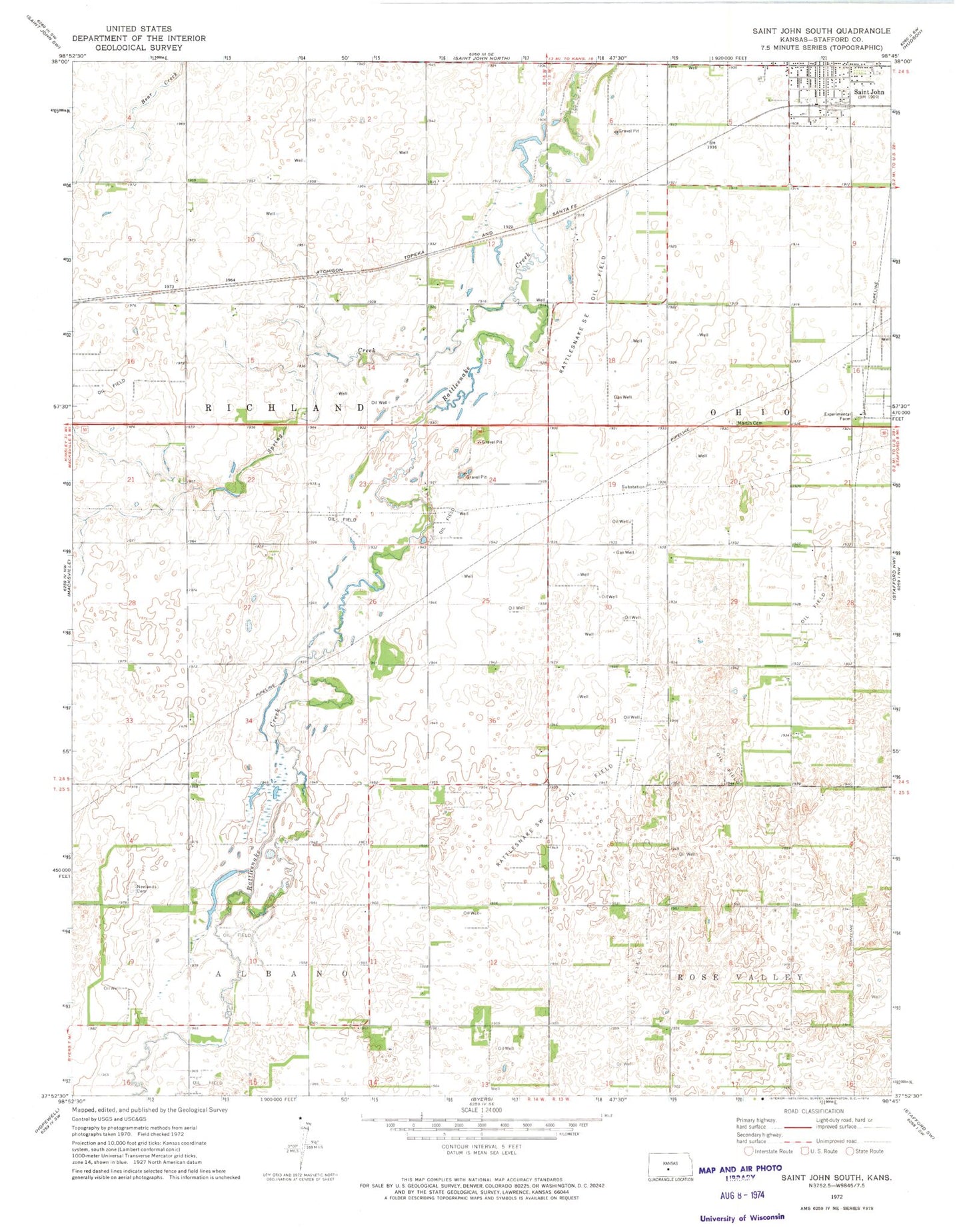 Classic USGS Saint John South Kansas 7.5'x7.5' Topo Map Image