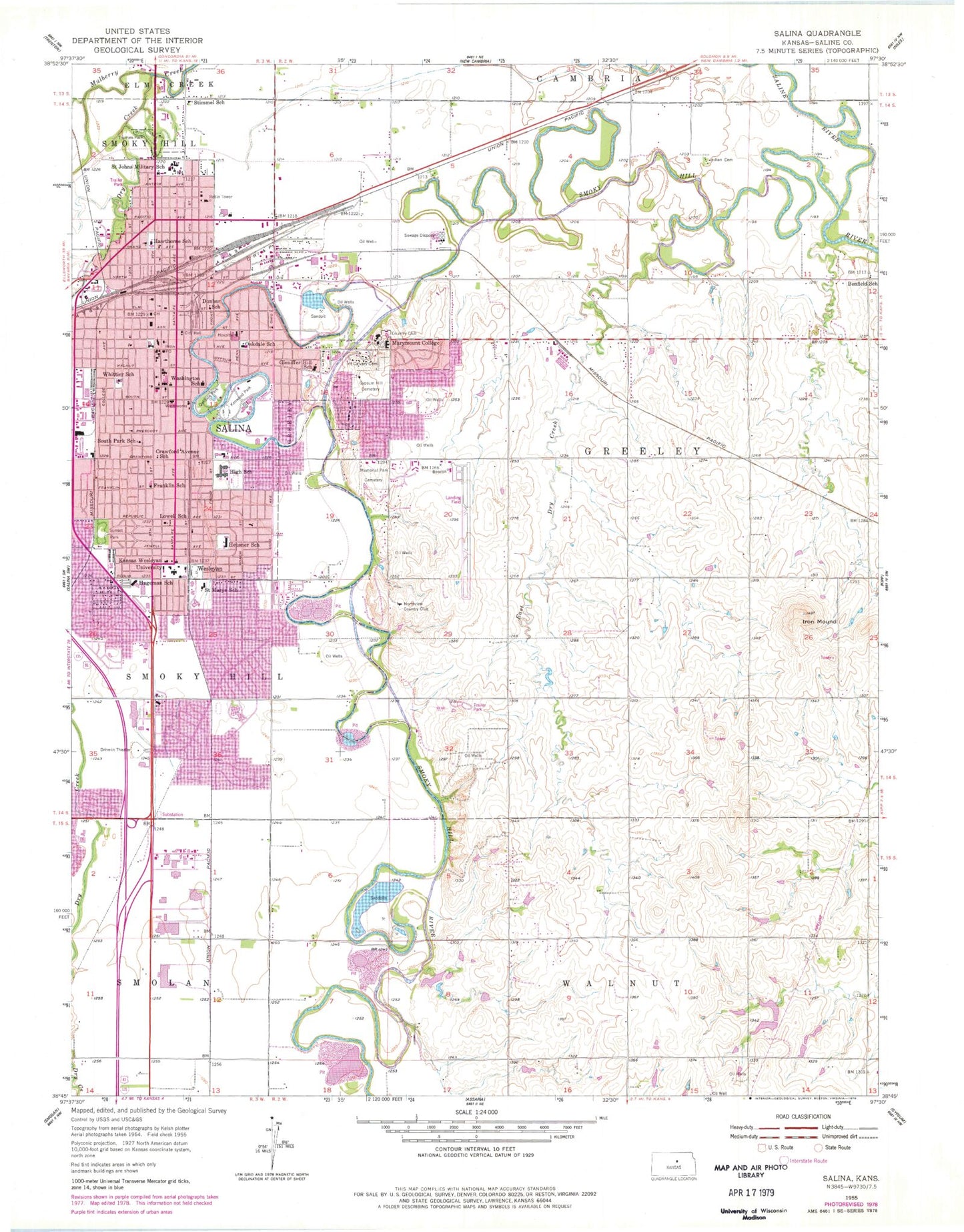Classic USGS Salina Kansas 7.5'x7.5' Topo Map Image