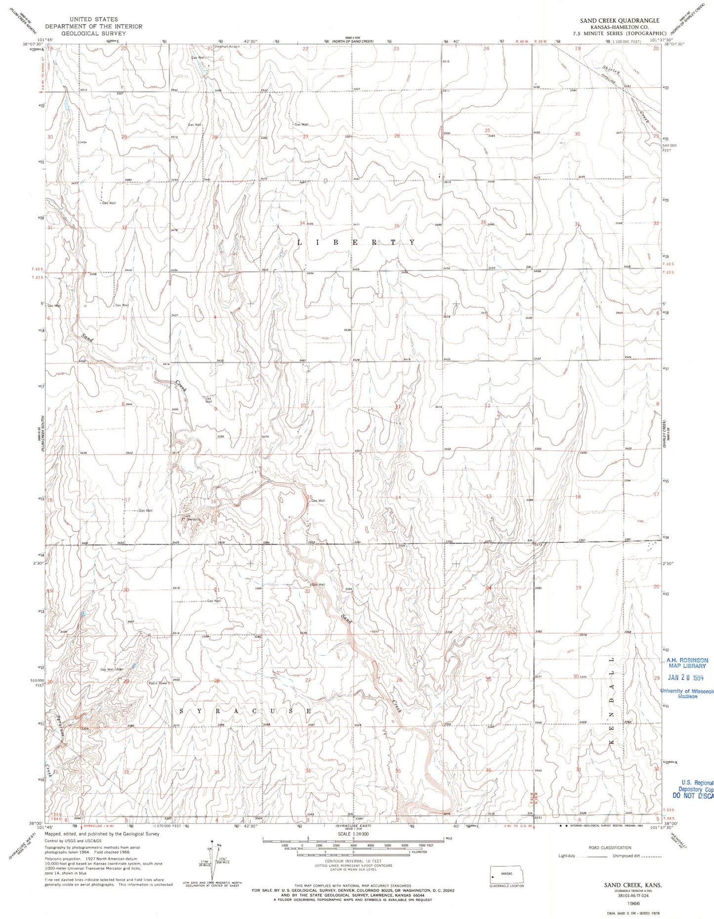 Classic USGS Sand Creek Kansas 7.5'x7.5' Topo Map Image