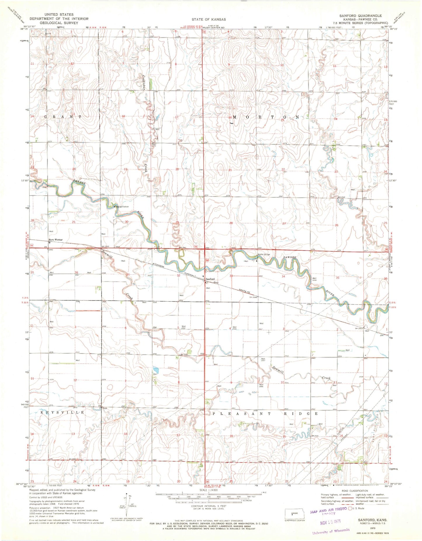 Classic USGS Sanford Kansas 7.5'x7.5' Topo Map Image