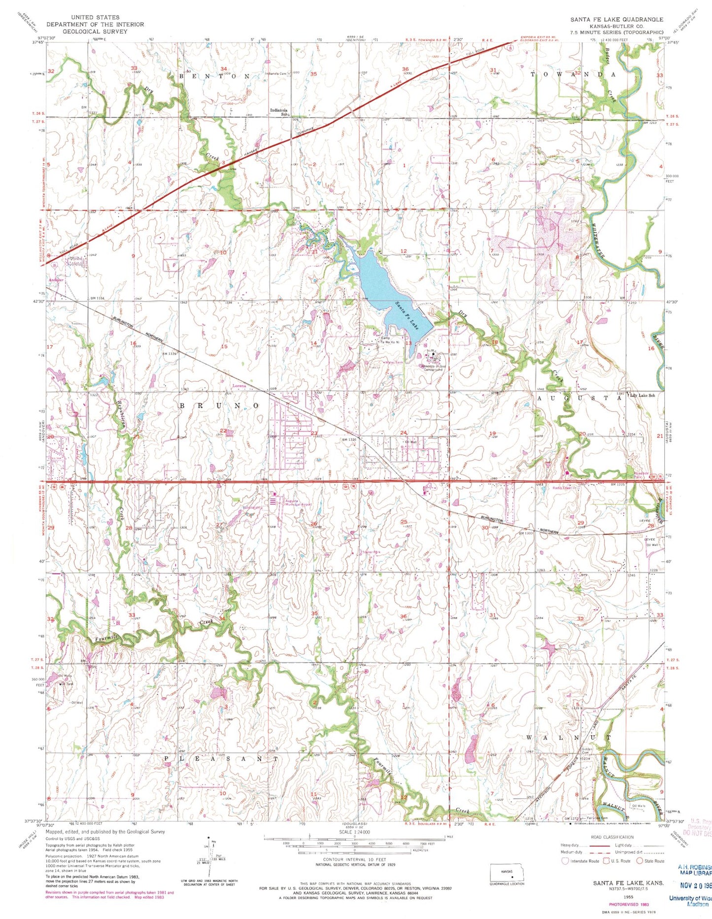 Classic USGS Santa Fe Lake Kansas 7.5'x7.5' Topo Map Image