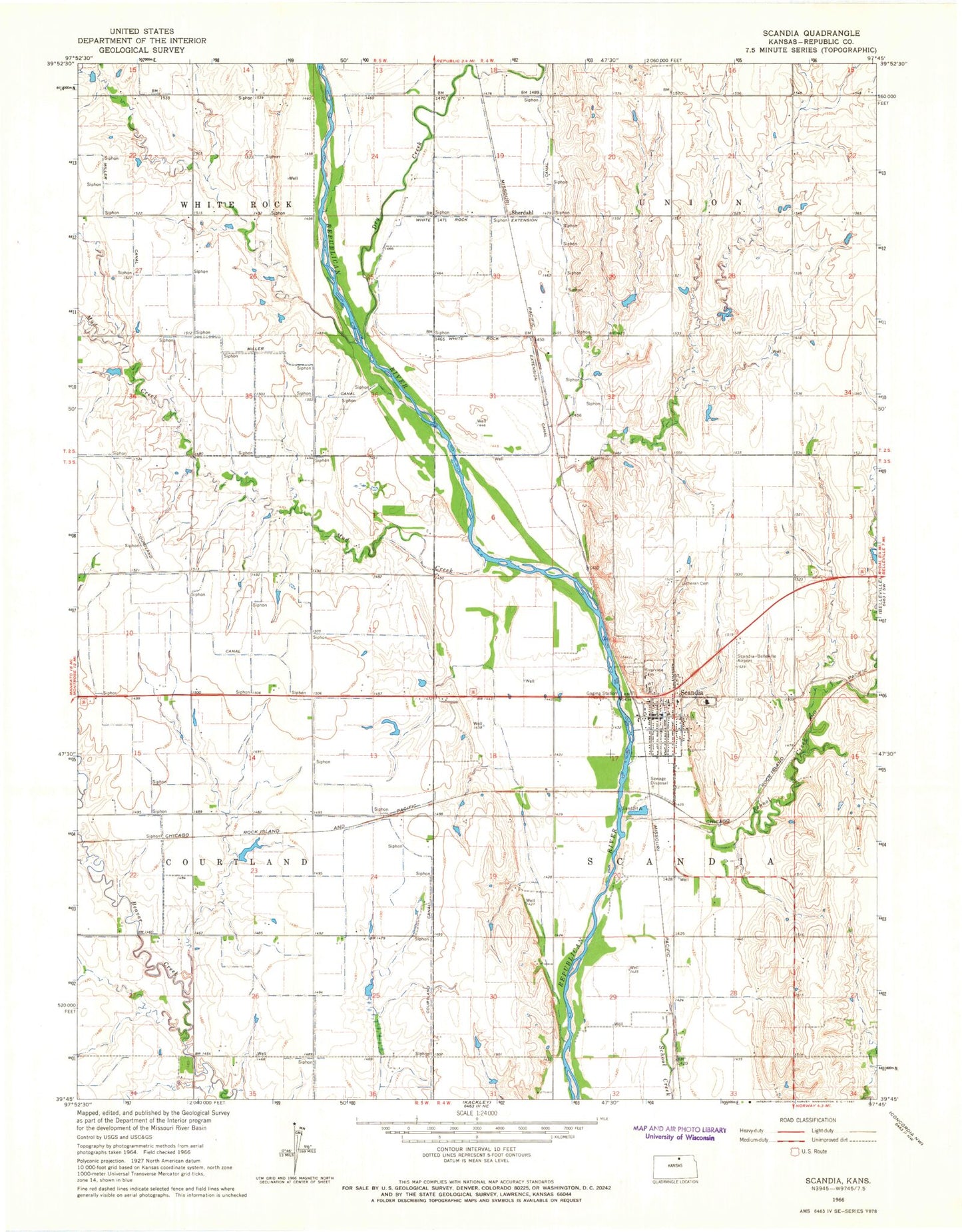 Classic USGS Scandia Kansas 7.5'x7.5' Topo Map Image