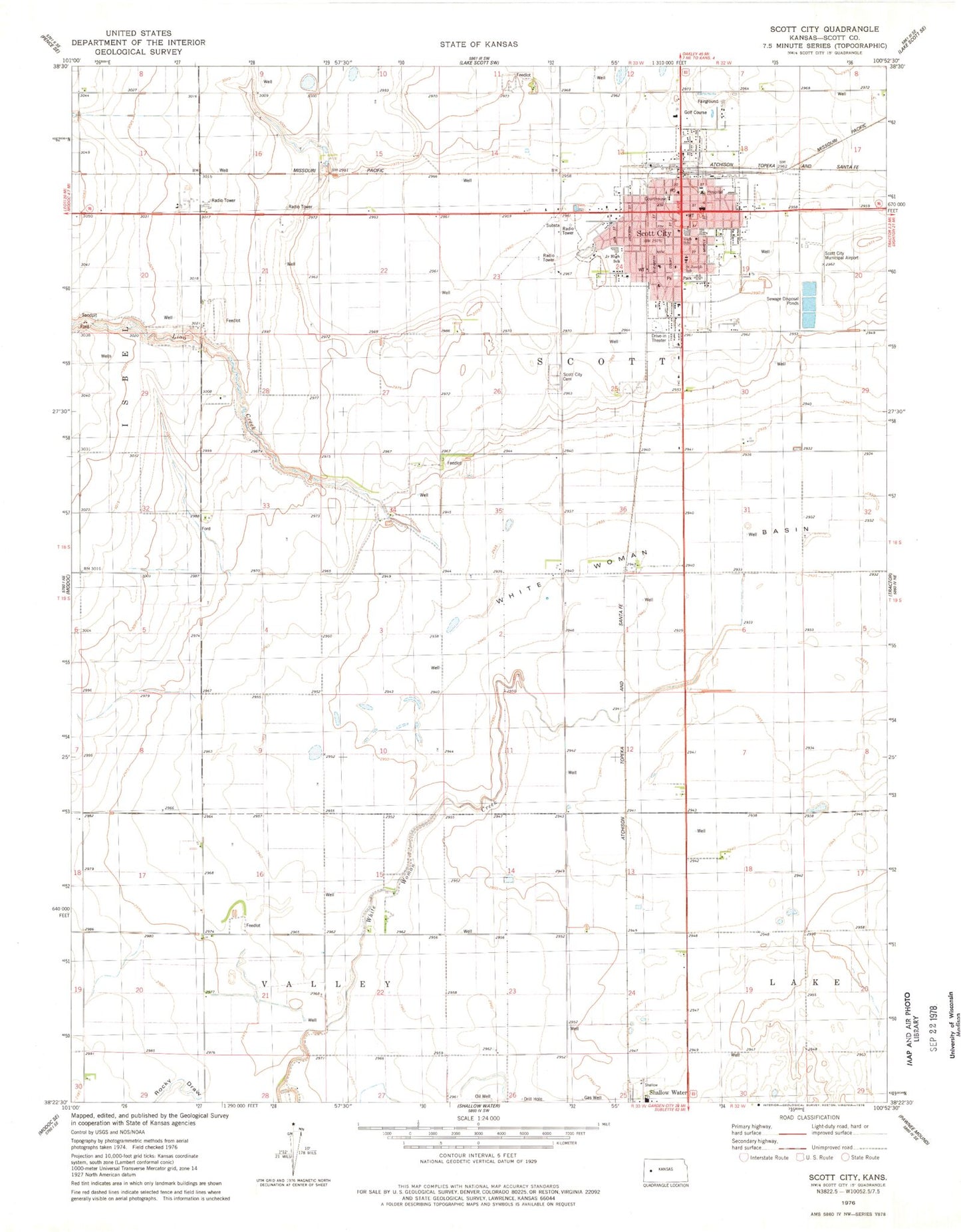 Classic USGS Scott City Kansas 7.5'x7.5' Topo Map Image