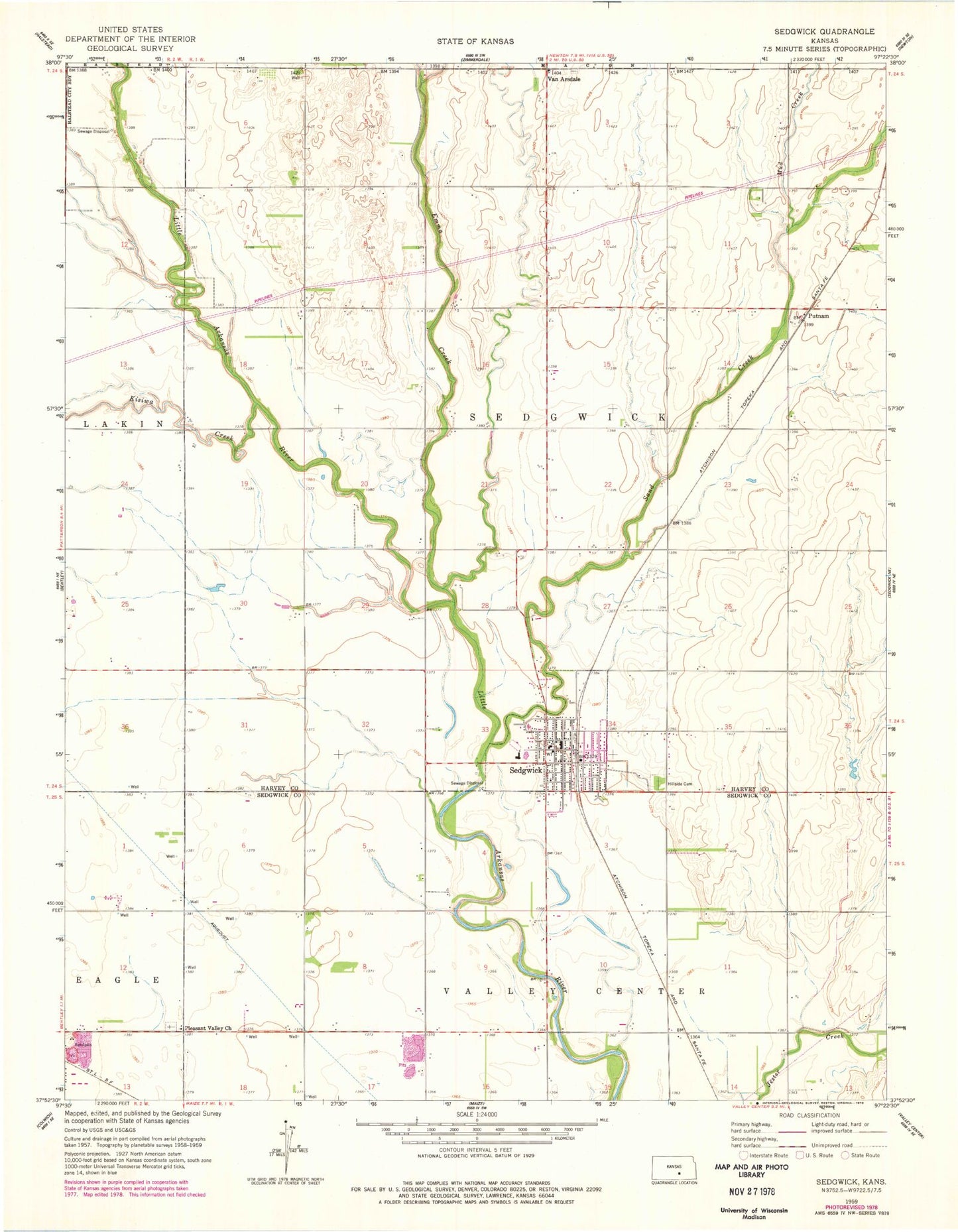 Classic USGS Sedgwick Kansas 7.5'x7.5' Topo Map Image