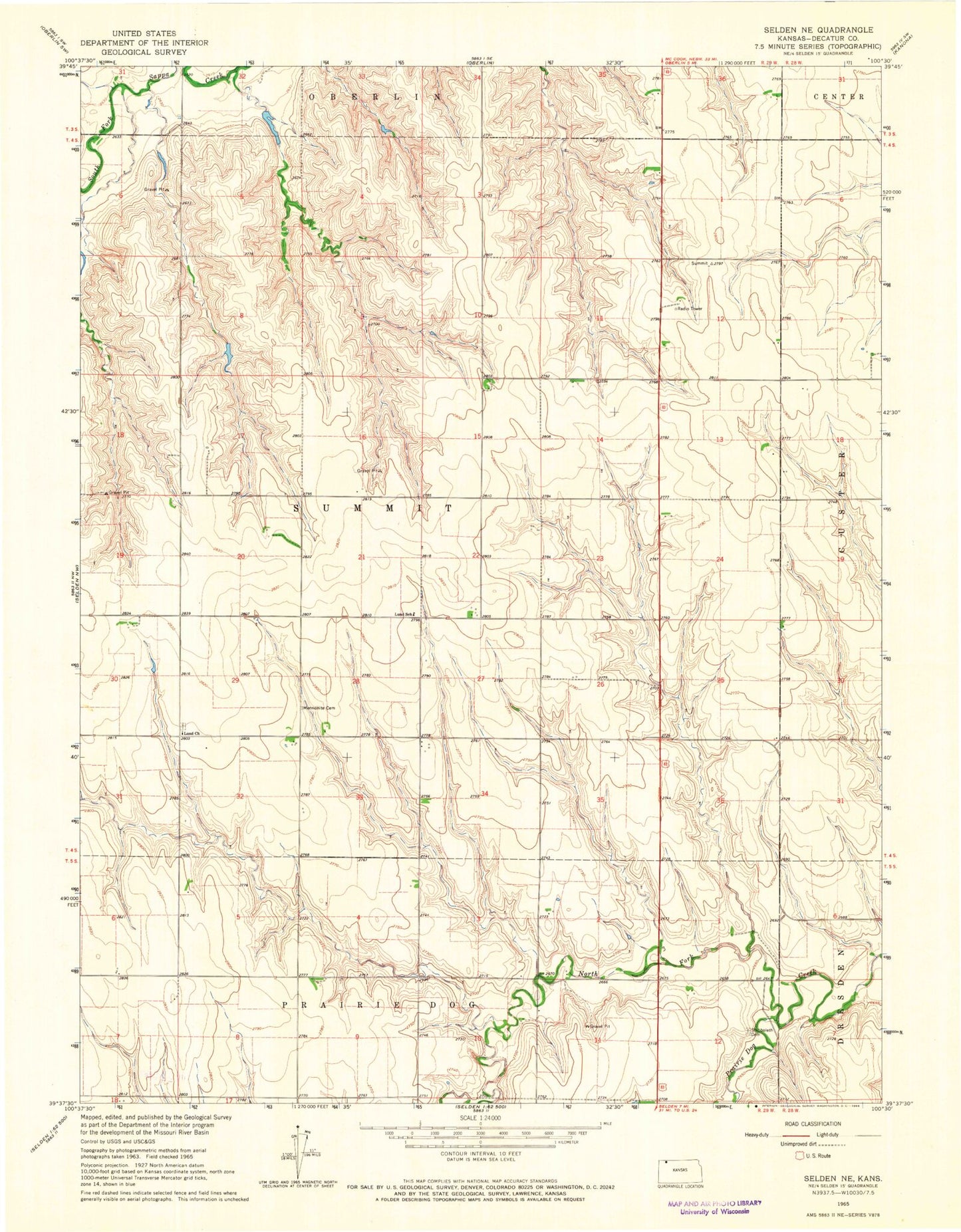 Classic USGS Selden NE Kansas 7.5'x7.5' Topo Map Image