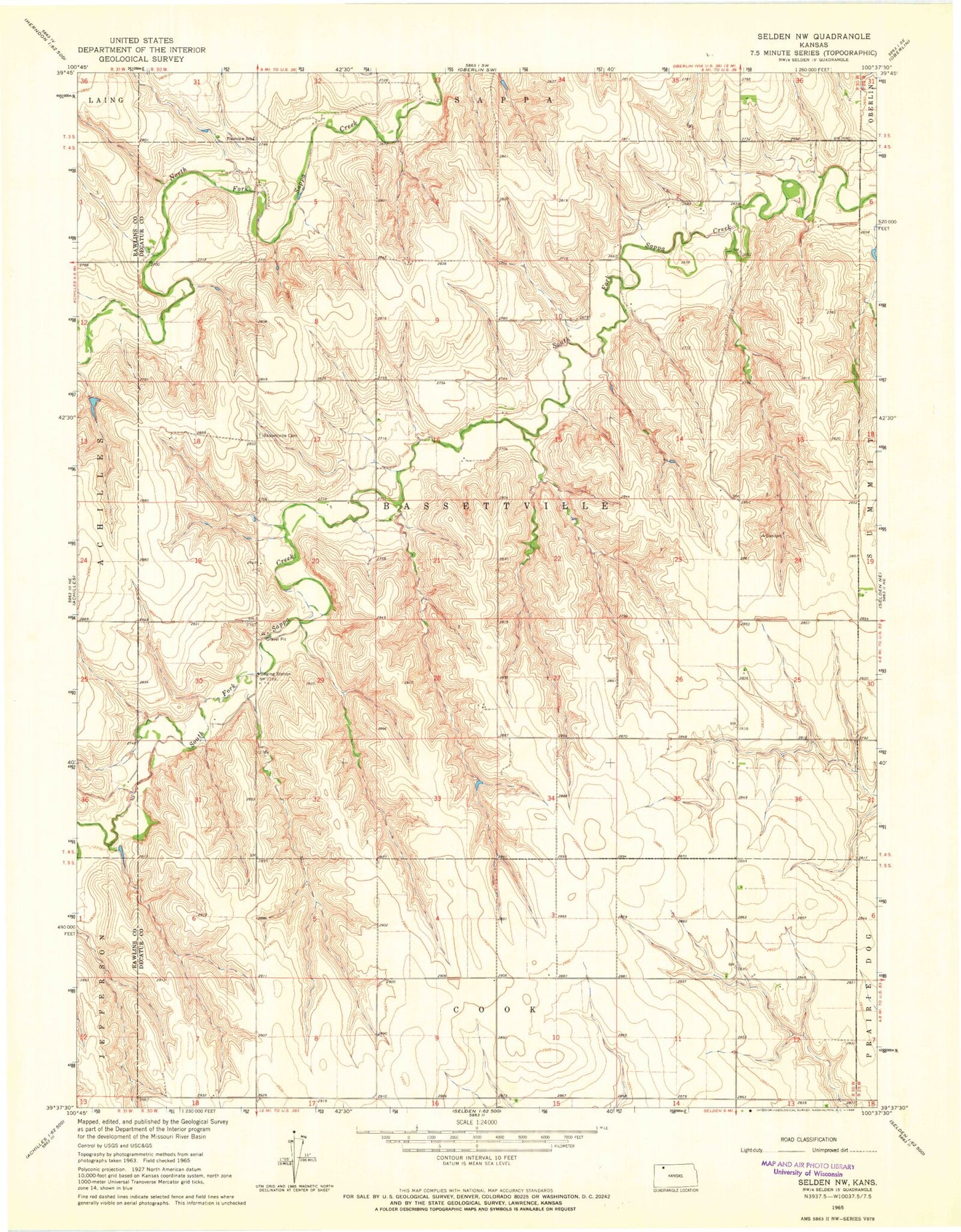 Classic USGS Selden NW Kansas 7.5'x7.5' Topo Map Image
