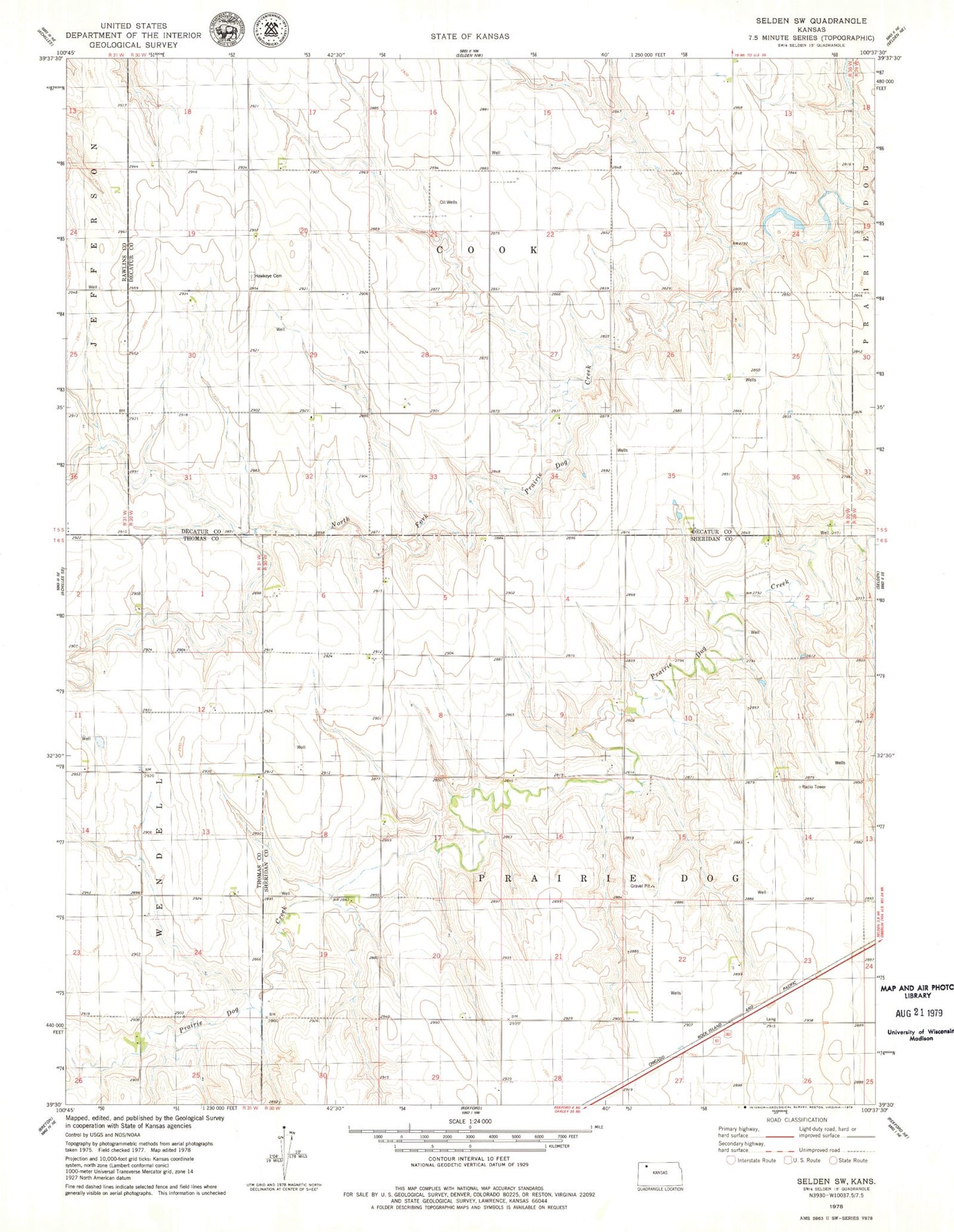 Classic USGS Selden SW Kansas 7.5'x7.5' Topo Map Image