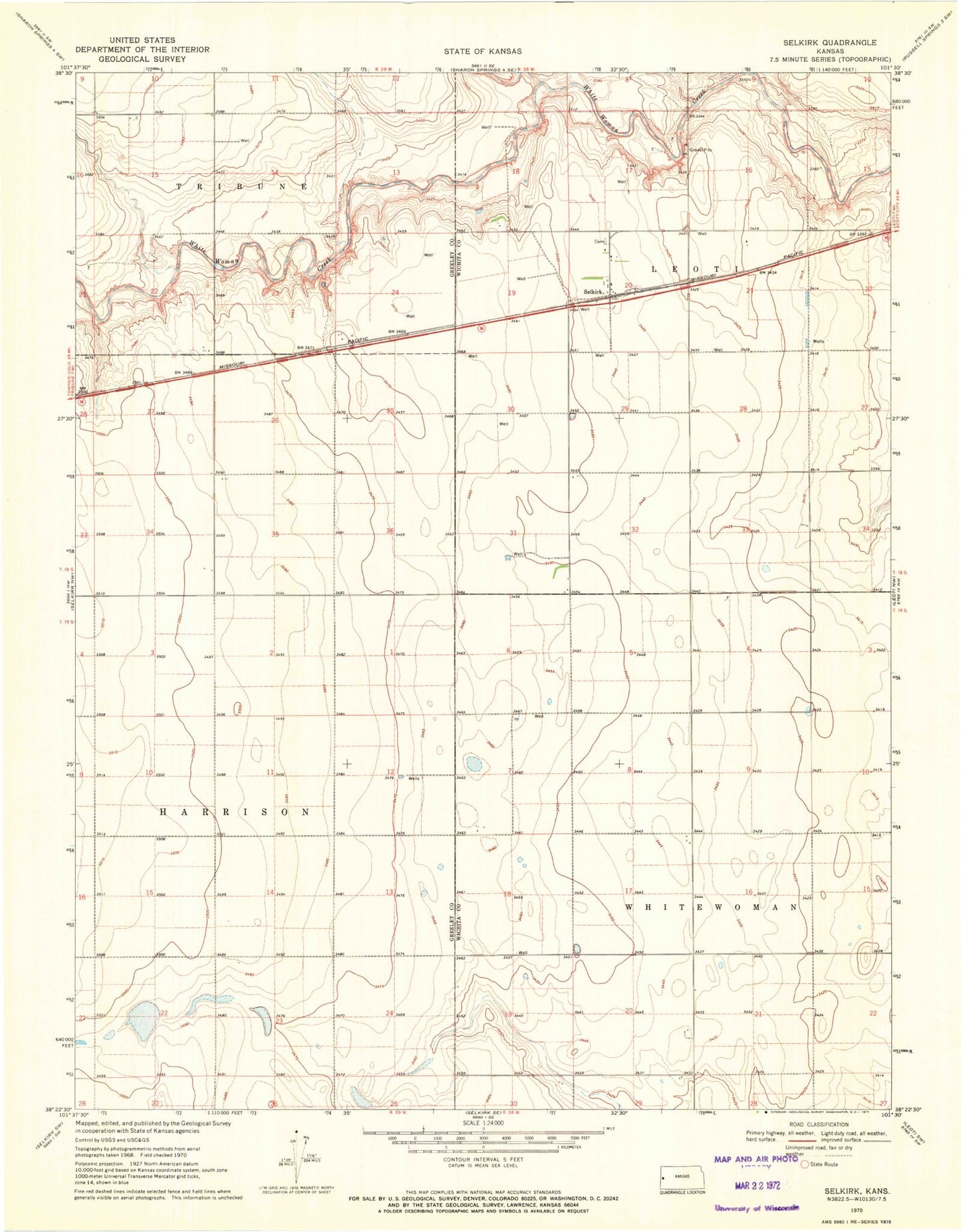 Classic USGS Selkirk Kansas 7.5'x7.5' Topo Map Image
