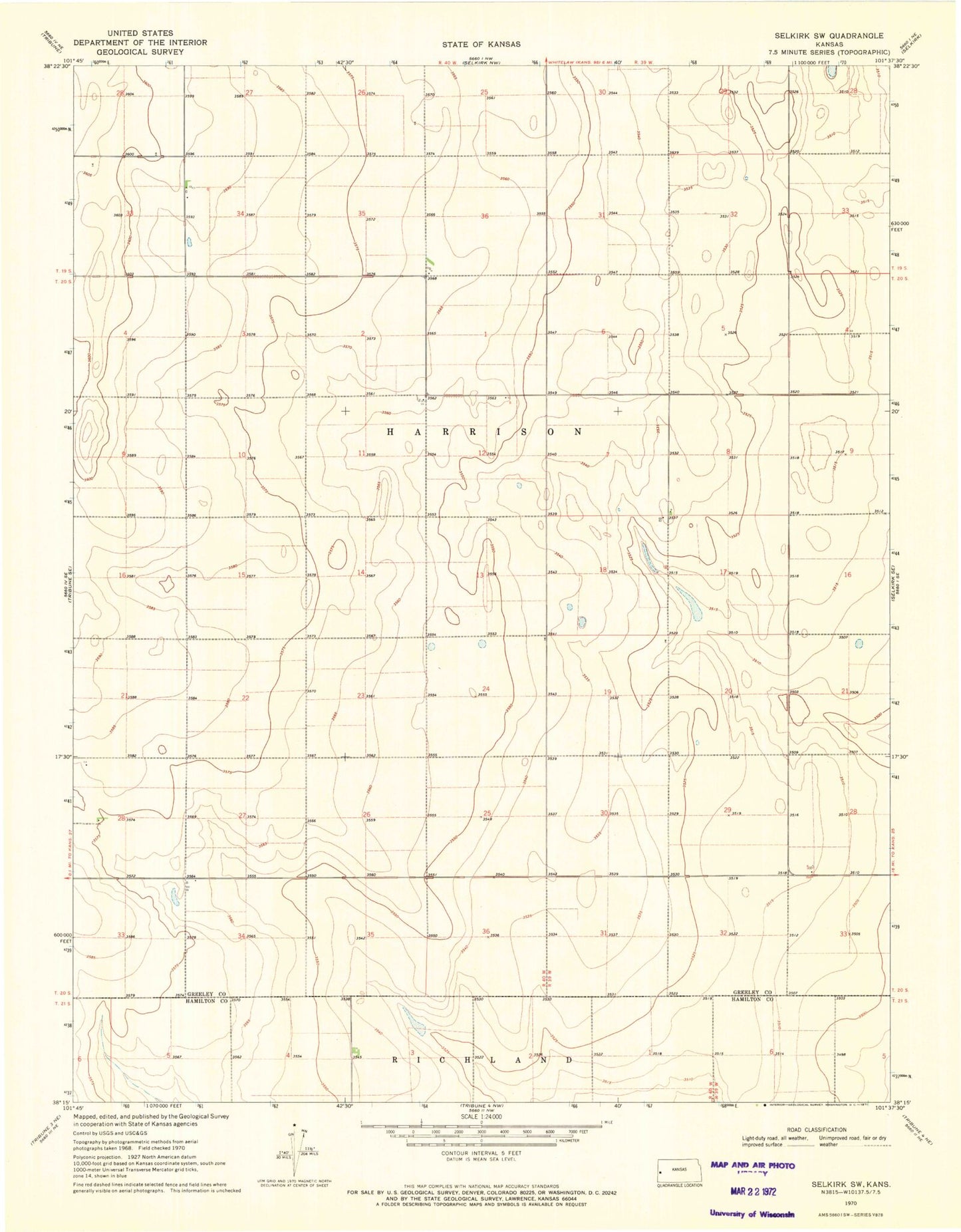 Classic USGS Selkirk SW Kansas 7.5'x7.5' Topo Map Image