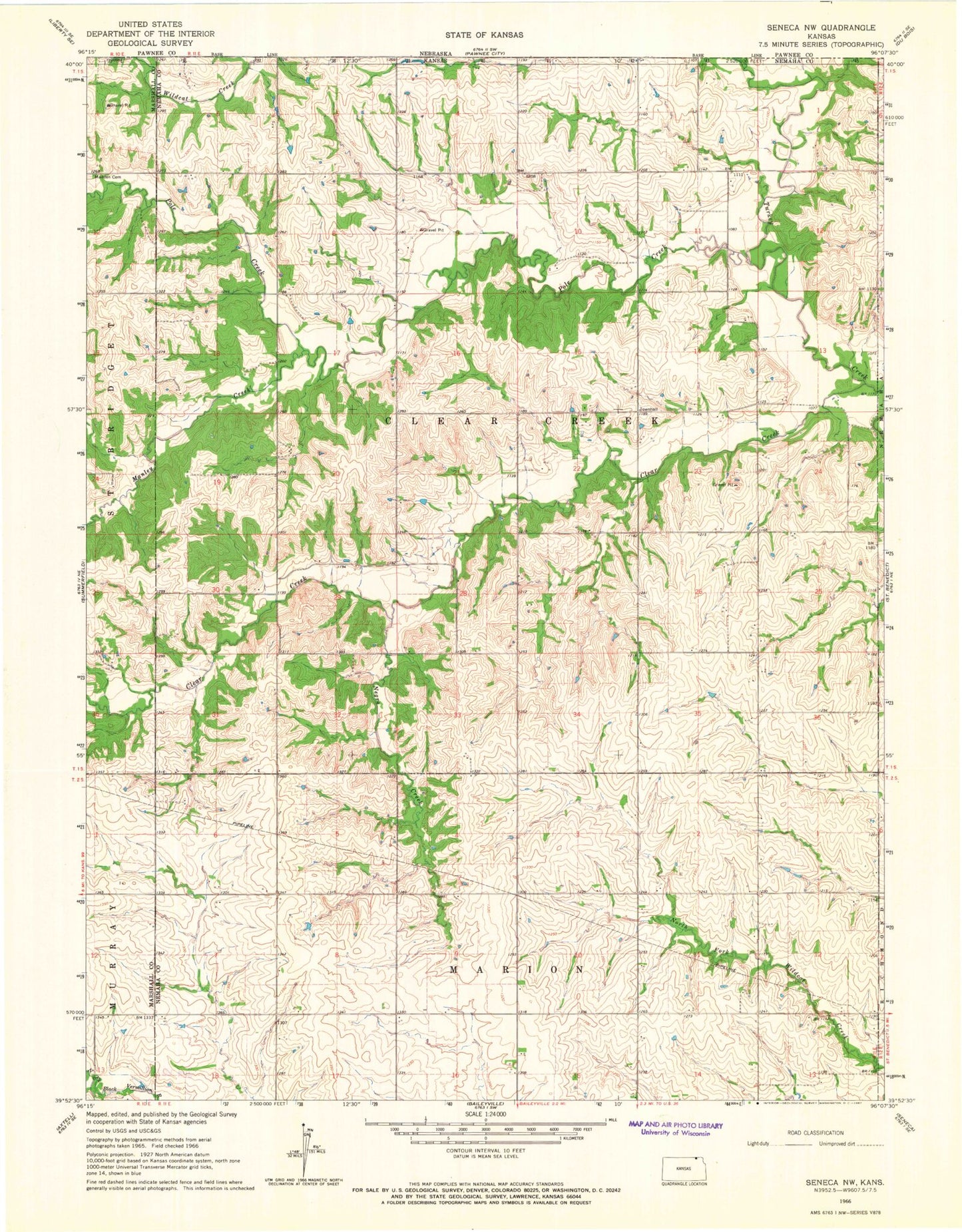 Classic USGS Seneca NW Kansas 7.5'x7.5' Topo Map Image