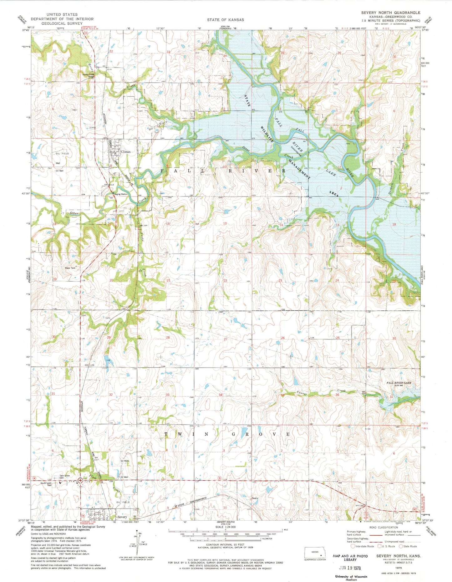 Classic USGS Severy North Kansas 7.5'x7.5' Topo Map Image