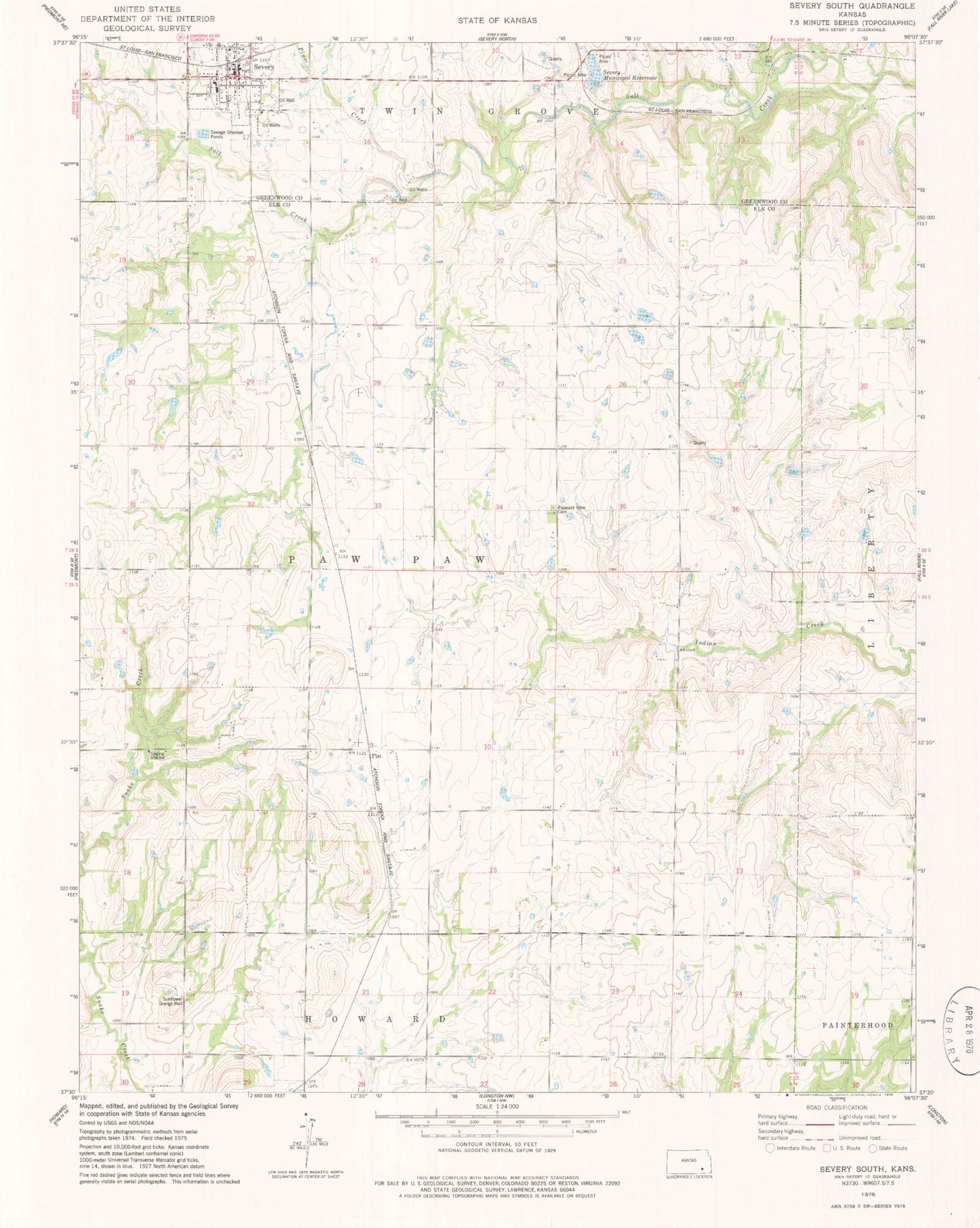 Classic USGS Severy South Kansas 7.5'x7.5' Topo Map Image