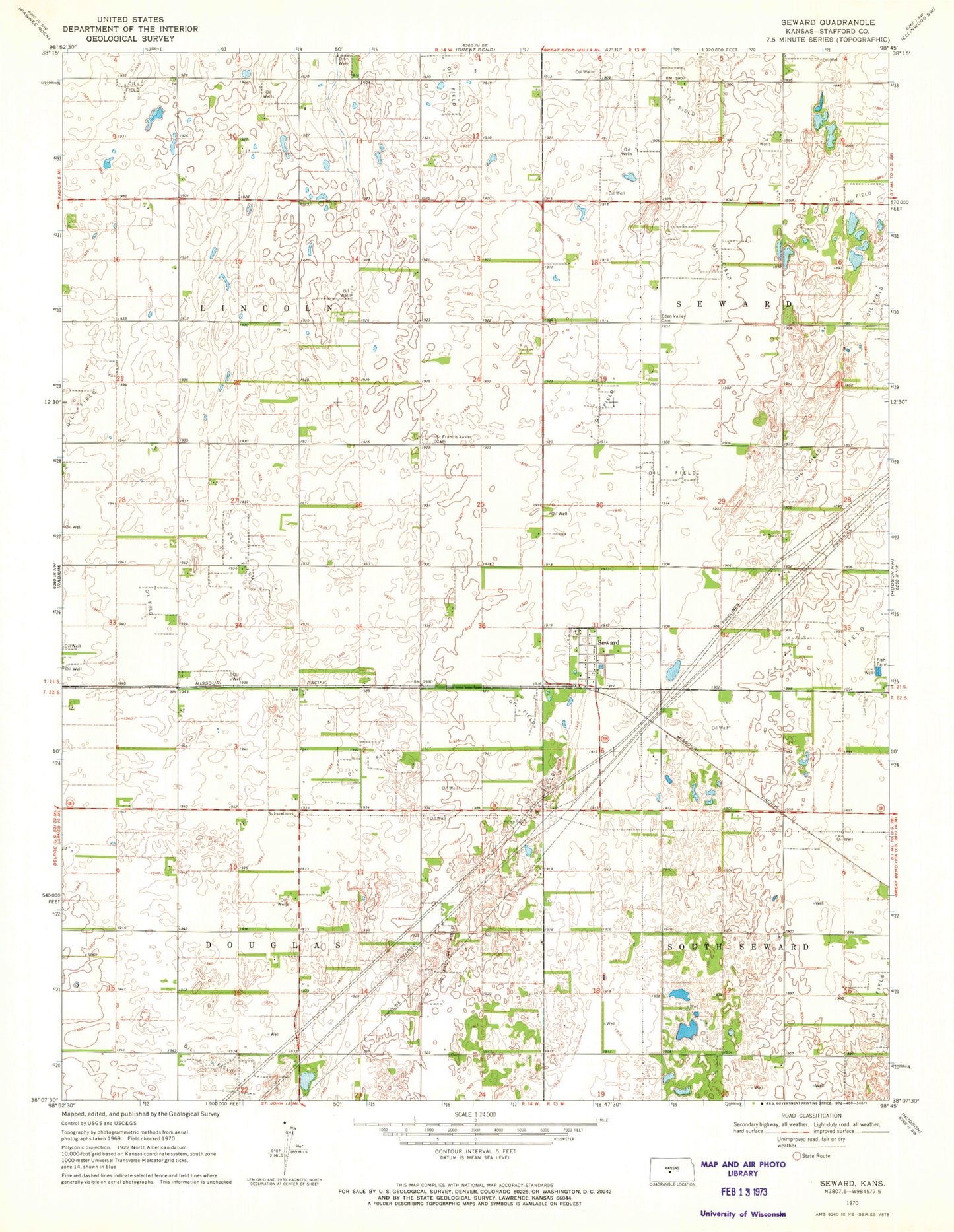 Classic USGS Seward Kansas 7.5'x7.5' Topo Map Image