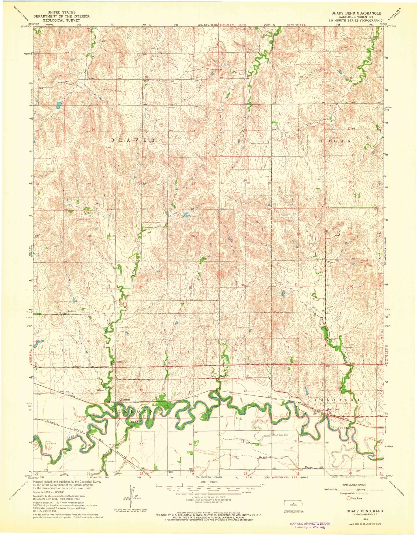 Classic USGS Shady Bend Kansas 7.5'x7.5' Topo Map Image