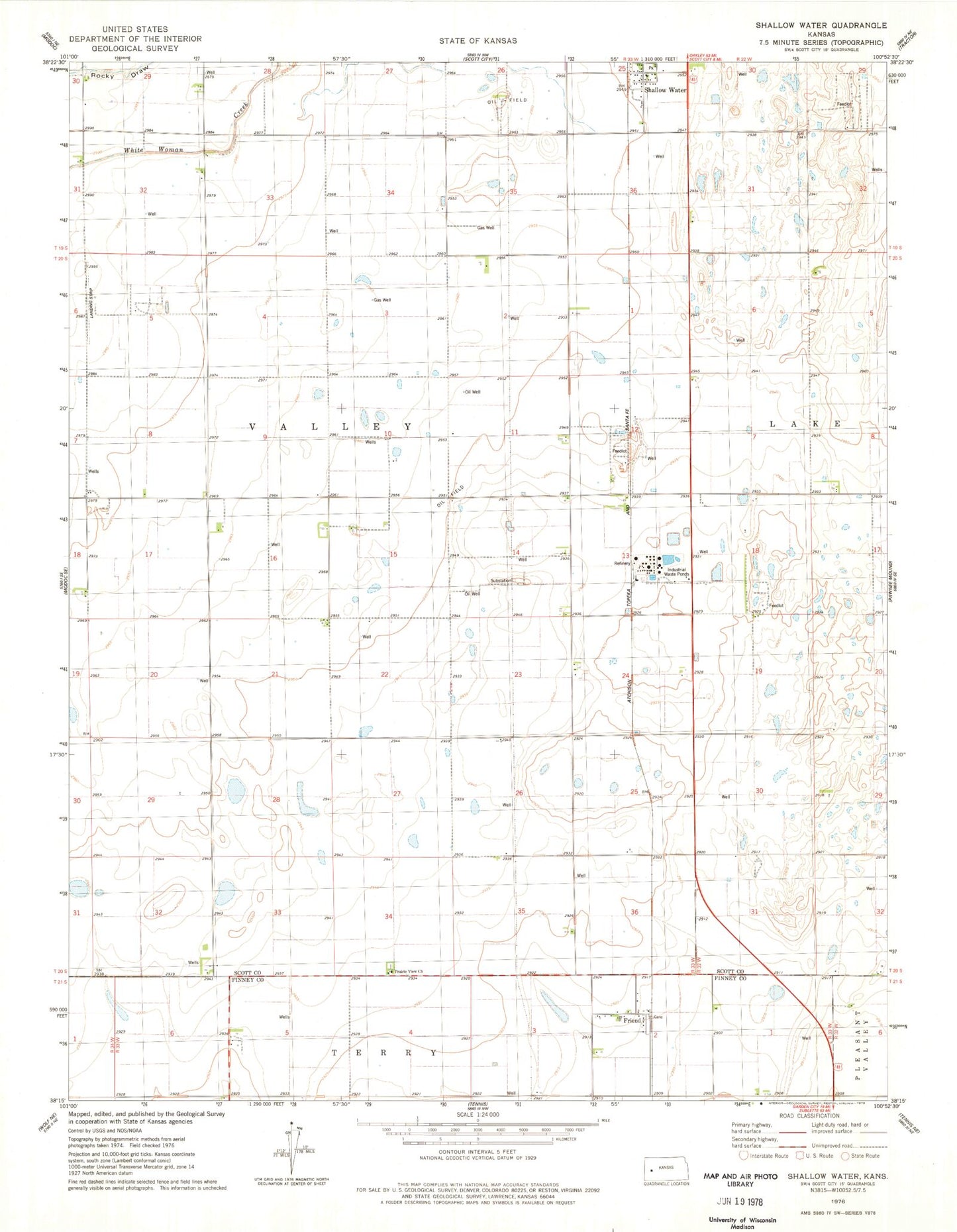 Classic USGS Shallow Water Kansas 7.5'x7.5' Topo Map Image