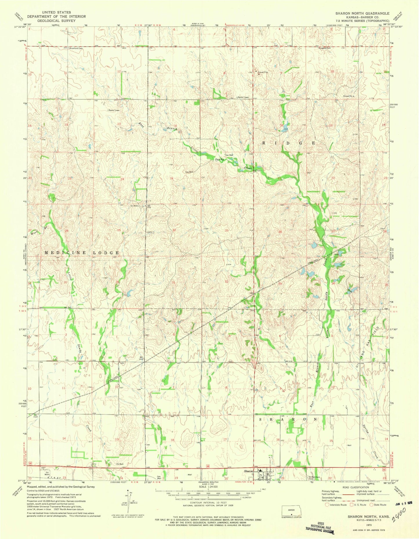 Classic USGS Sharon North Kansas 7.5'x7.5' Topo Map Image