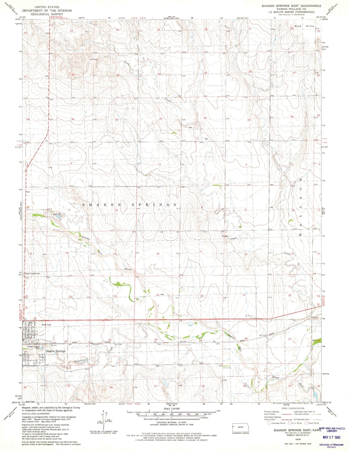Classic USGS Sharon Springs East Kansas 7.5'x7.5' Topo Map Image