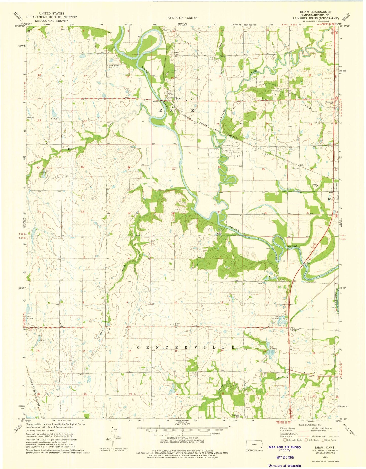Classic USGS Shaw Kansas 7.5'x7.5' Topo Map Image