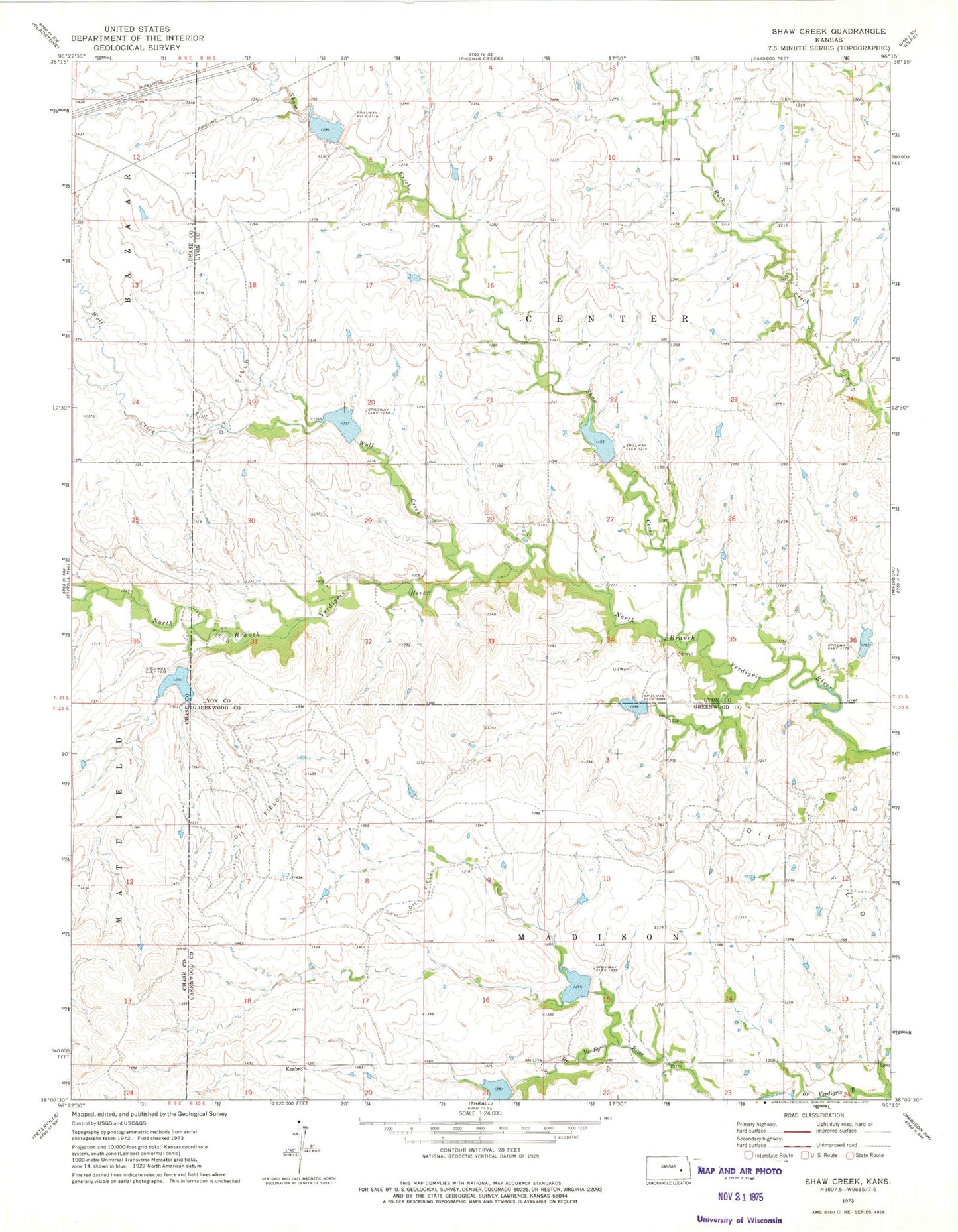 Classic USGS Shaw Creek Kansas 7.5'x7.5' Topo Map Image