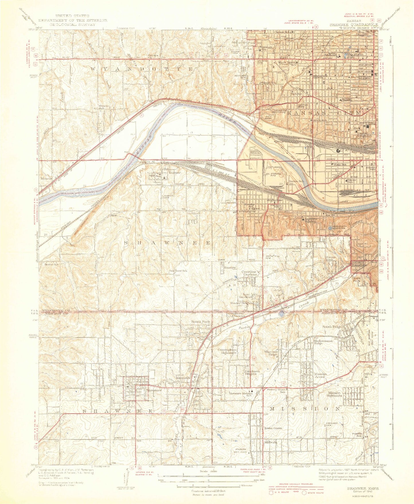 Classic USGS Shawnee Kansas 7.5'x7.5' Topo Map Image
