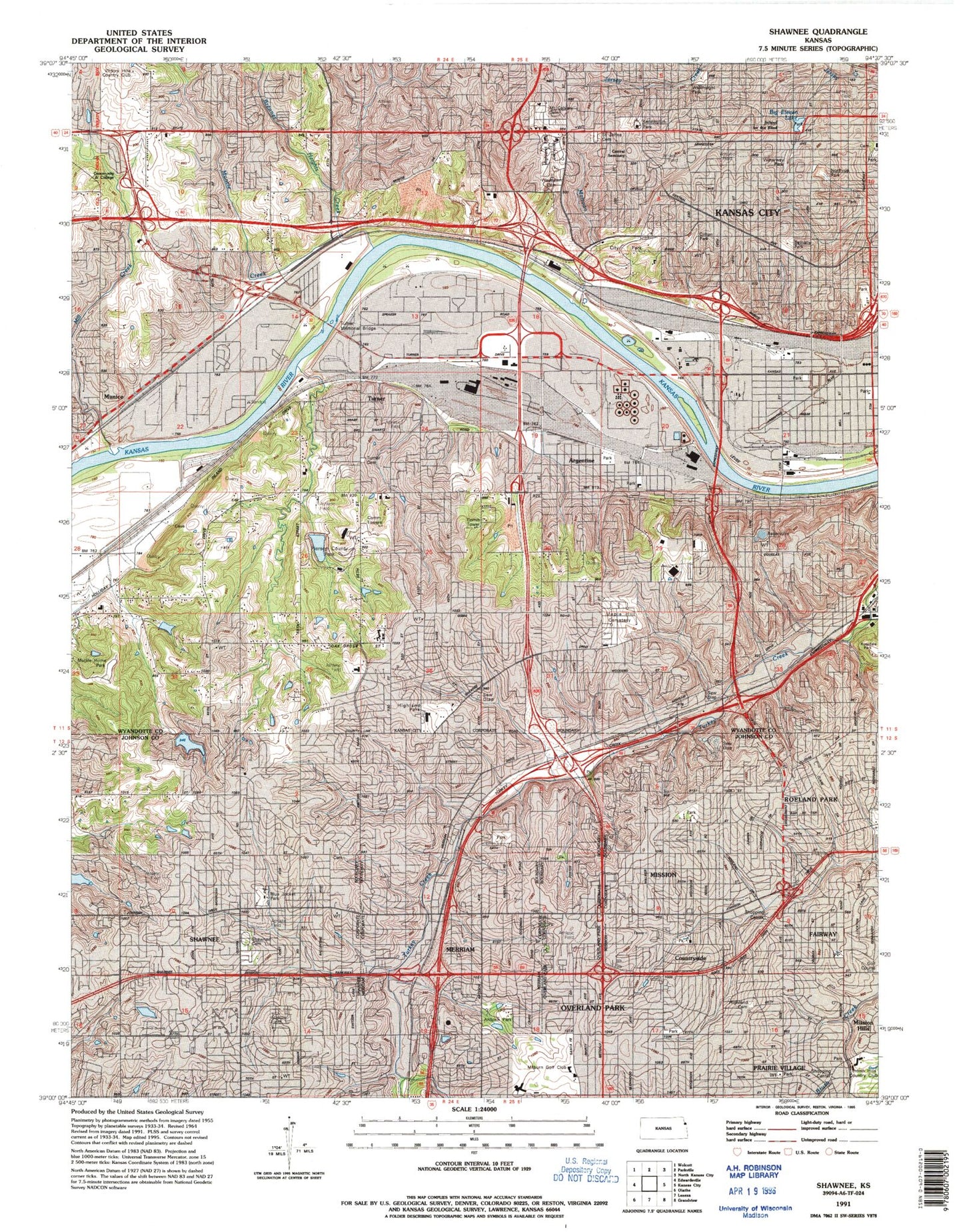 Classic USGS Shawnee Kansas 7.5'x7.5' Topo Map Image
