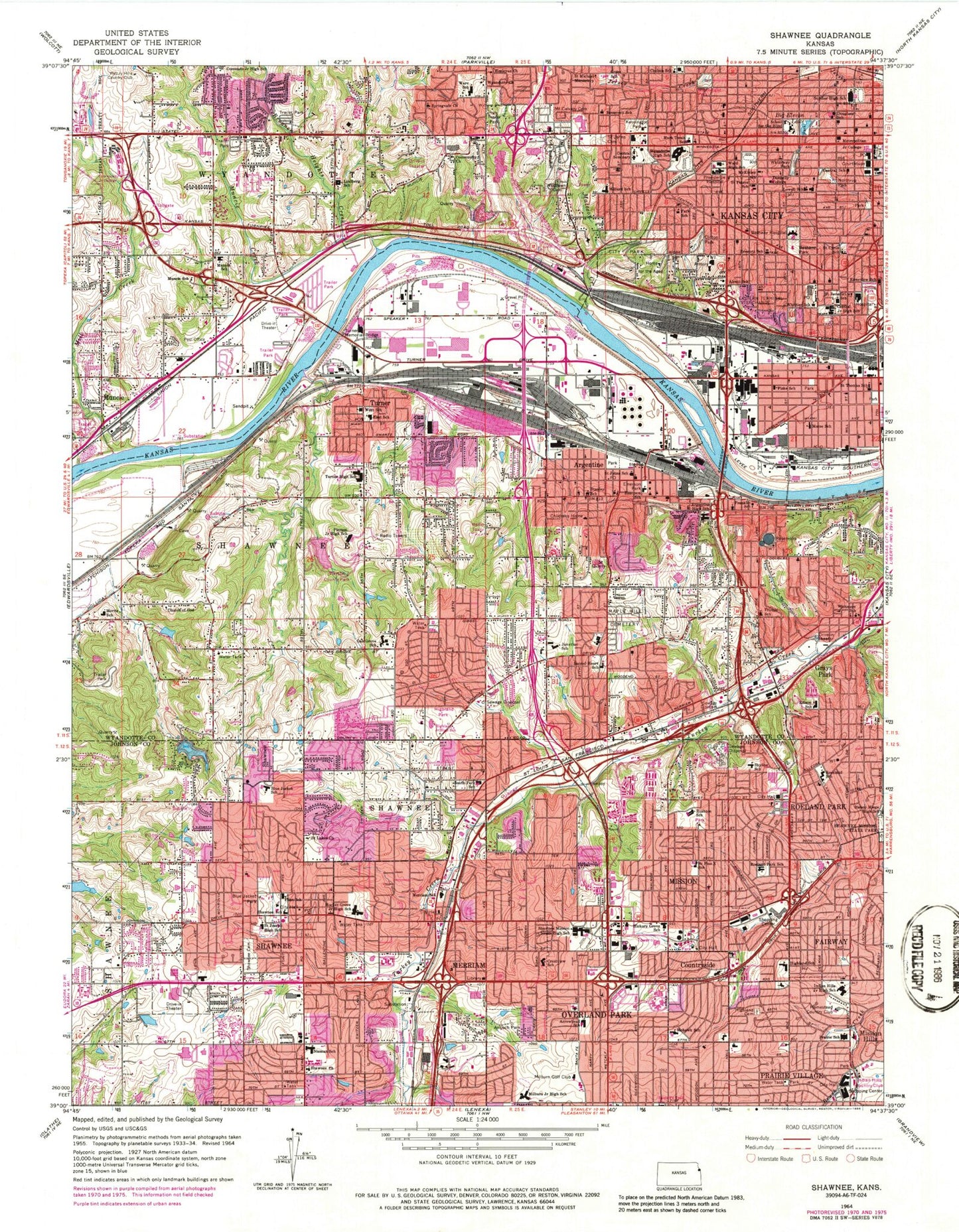 Classic USGS Shawnee Kansas 7.5'x7.5' Topo Map Image