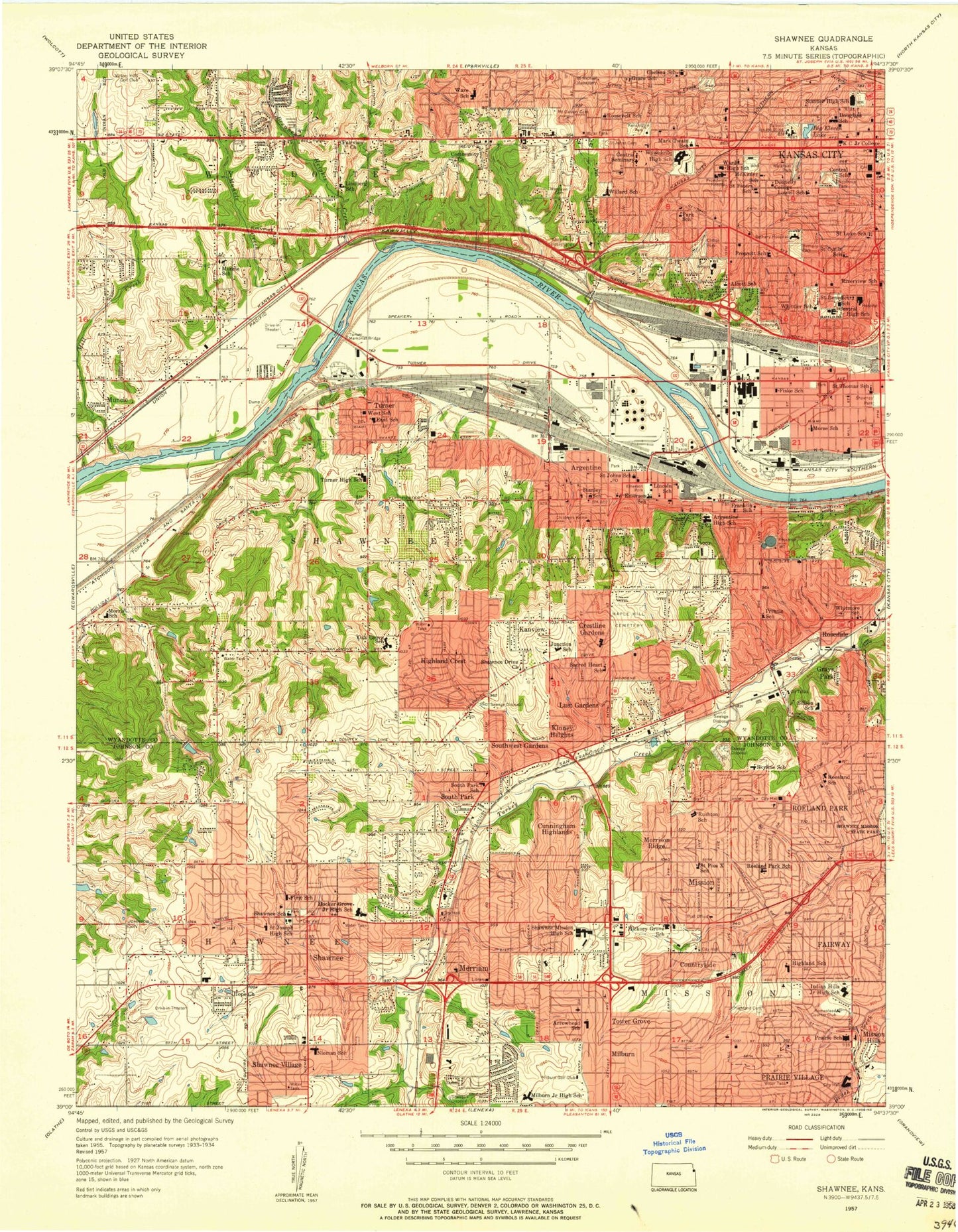 Classic USGS Shawnee Kansas 7.5'x7.5' Topo Map Image