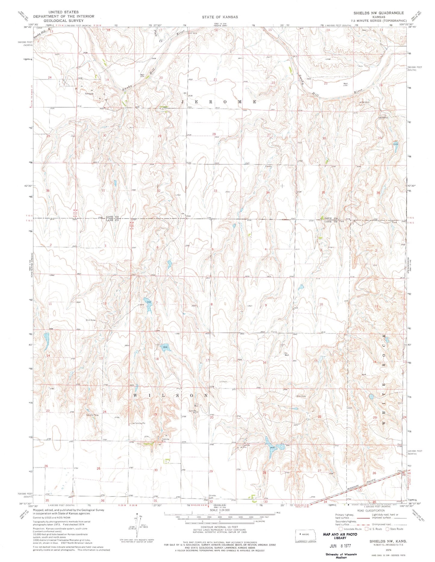 Classic USGS Shields NW Kansas 7.5'x7.5' Topo Map Image