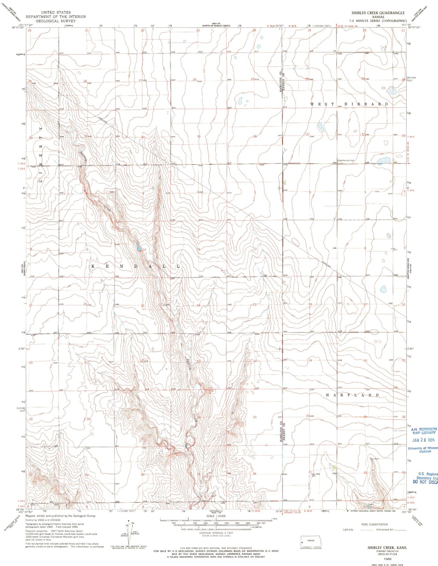 Classic USGS Shirley Creek Kansas 7.5'x7.5' Topo Map Image