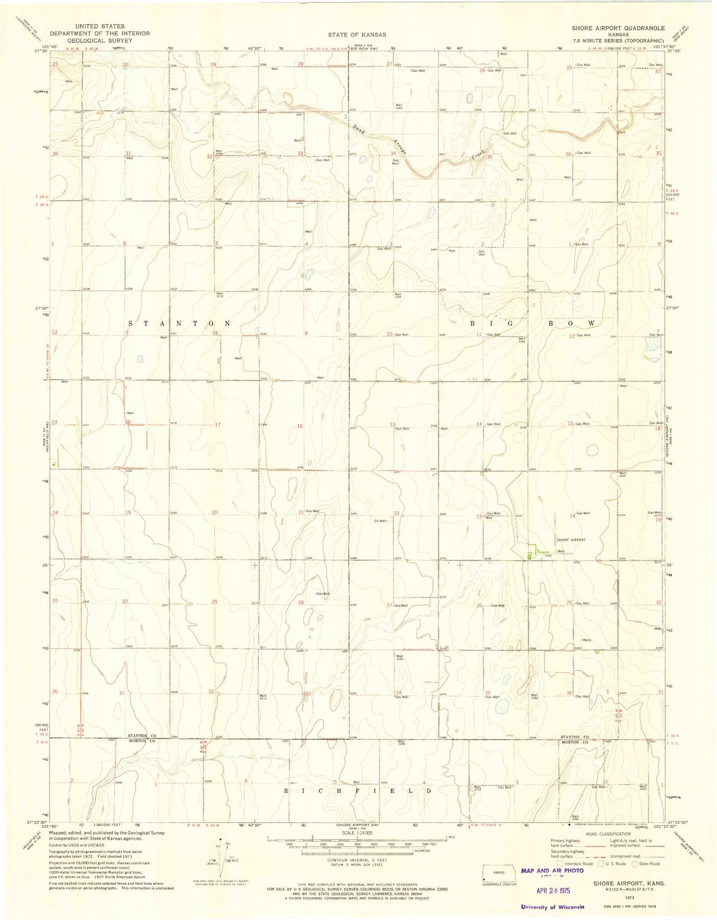 Classic USGS Shore Airport Kansas 7.5'x7.5' Topo Map Image