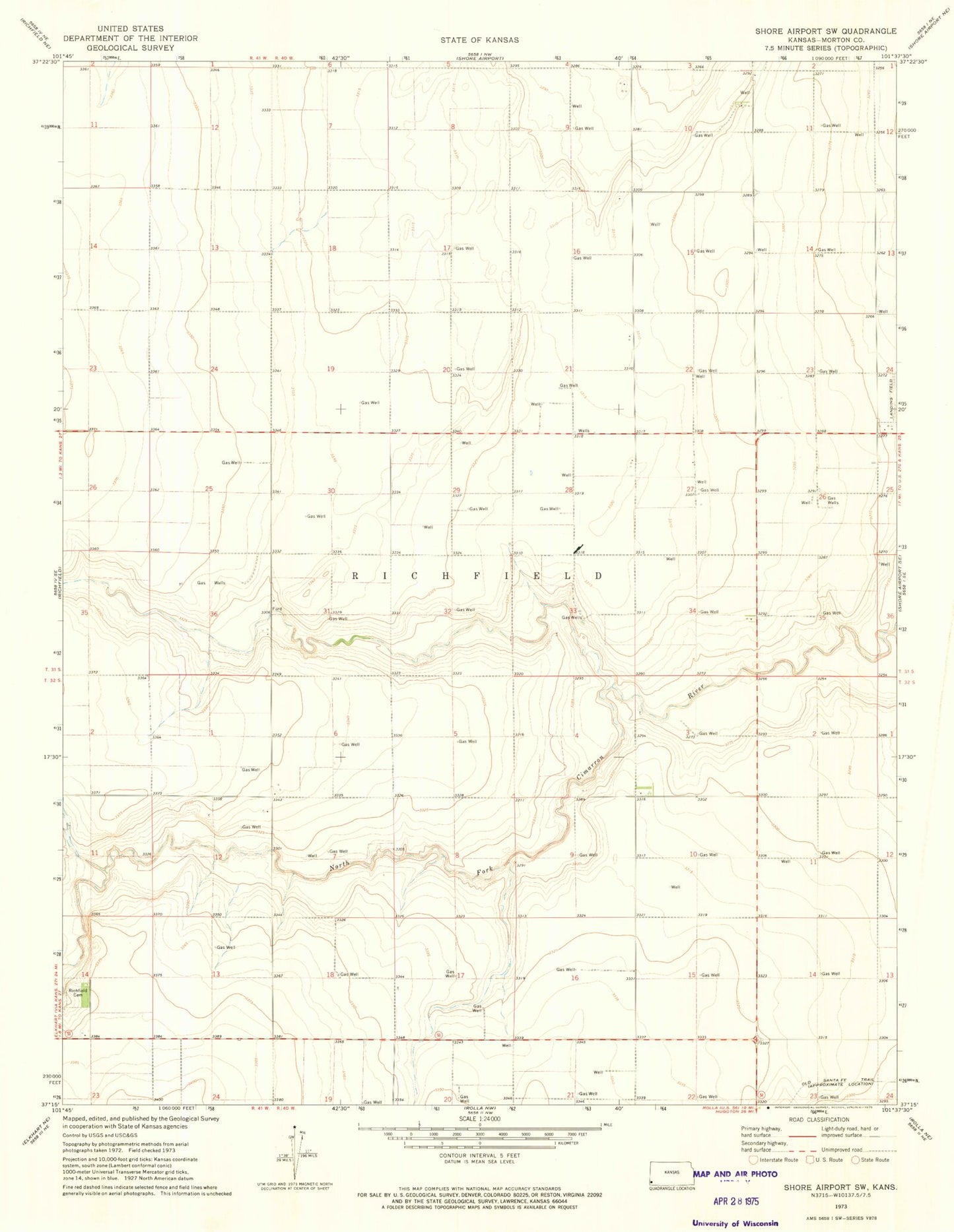 Classic USGS Shore Airport SW Kansas 7.5'x7.5' Topo Map Image