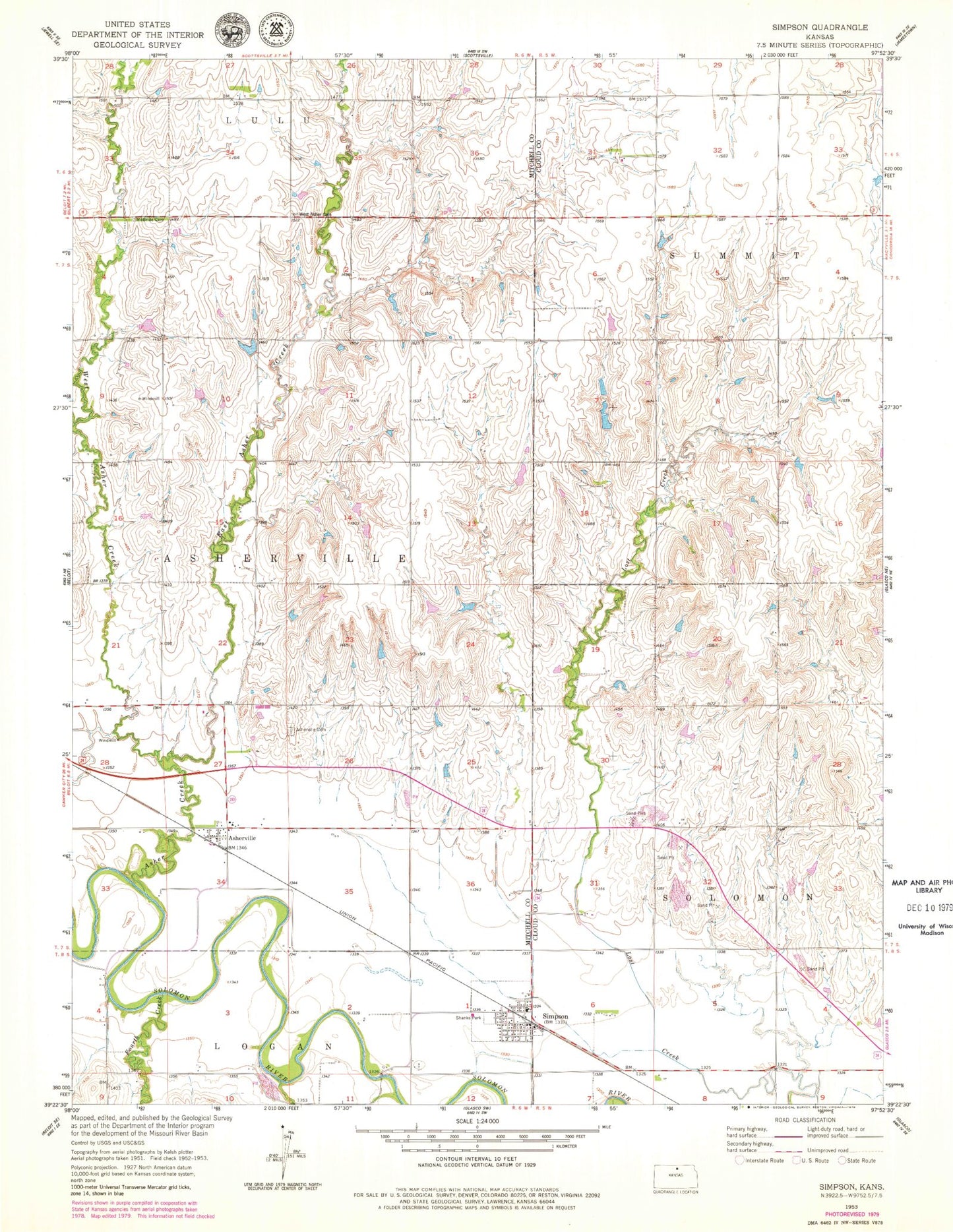 Classic USGS Simpson Kansas 7.5'x7.5' Topo Map Image