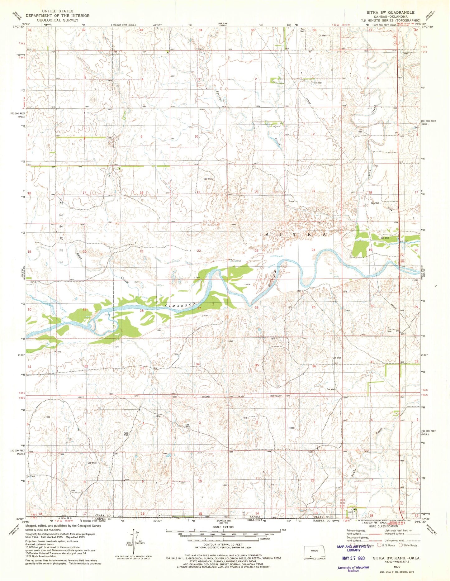 Classic USGS Sitka SW Kansas 7.5'x7.5' Topo Map Image