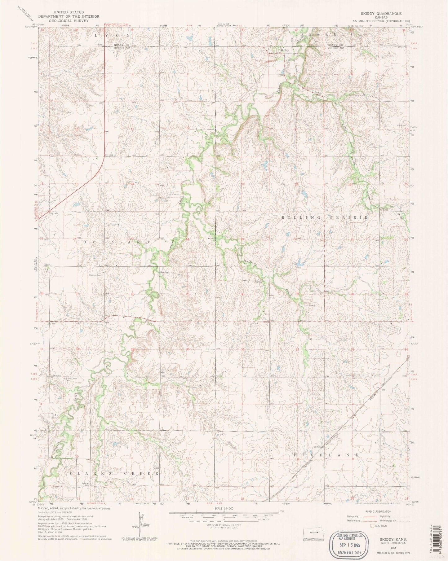 Classic USGS Skiddy Kansas 7.5'x7.5' Topo Map Image