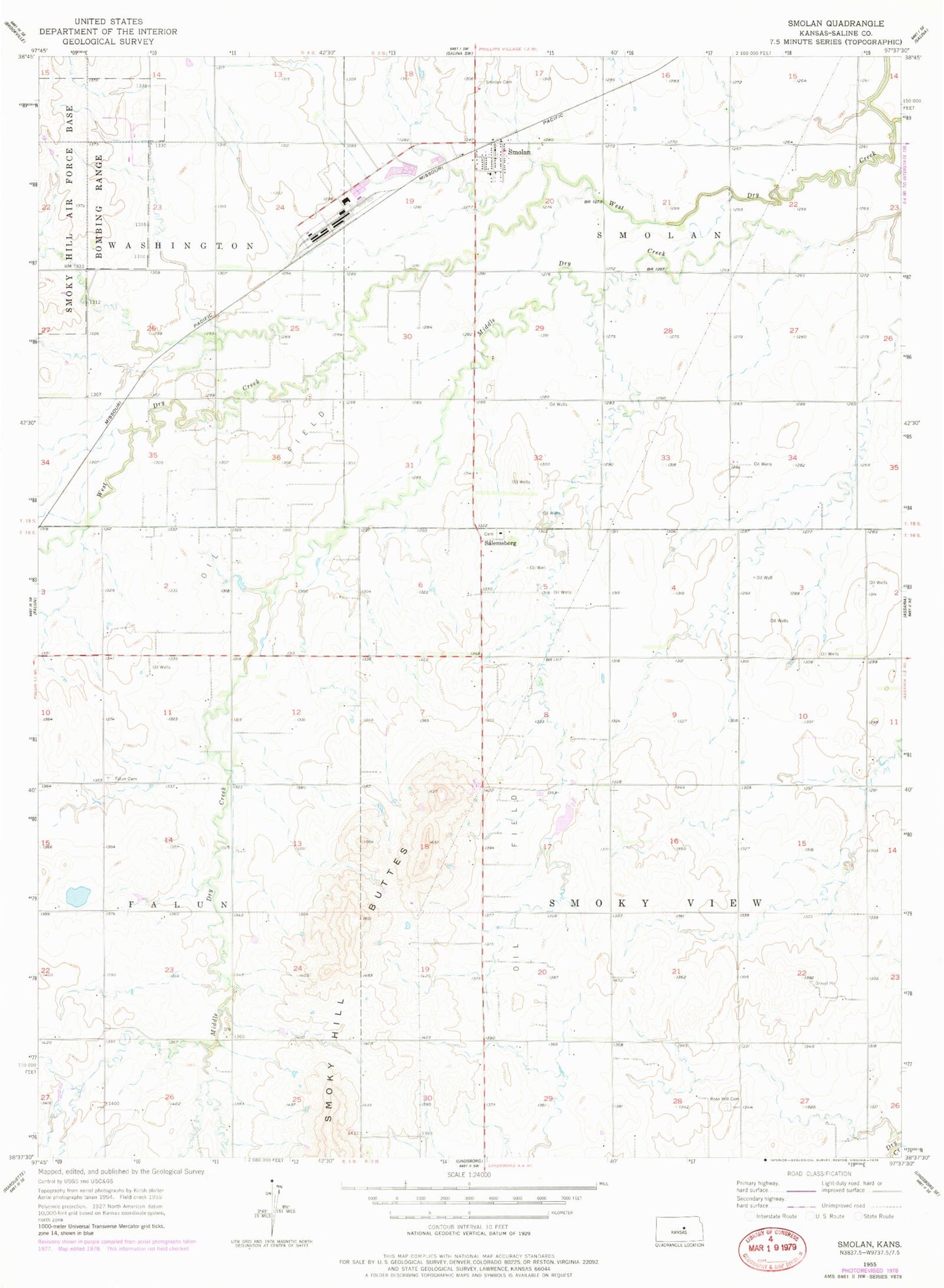 Classic USGS Smolan Kansas 7.5'x7.5' Topo Map Image