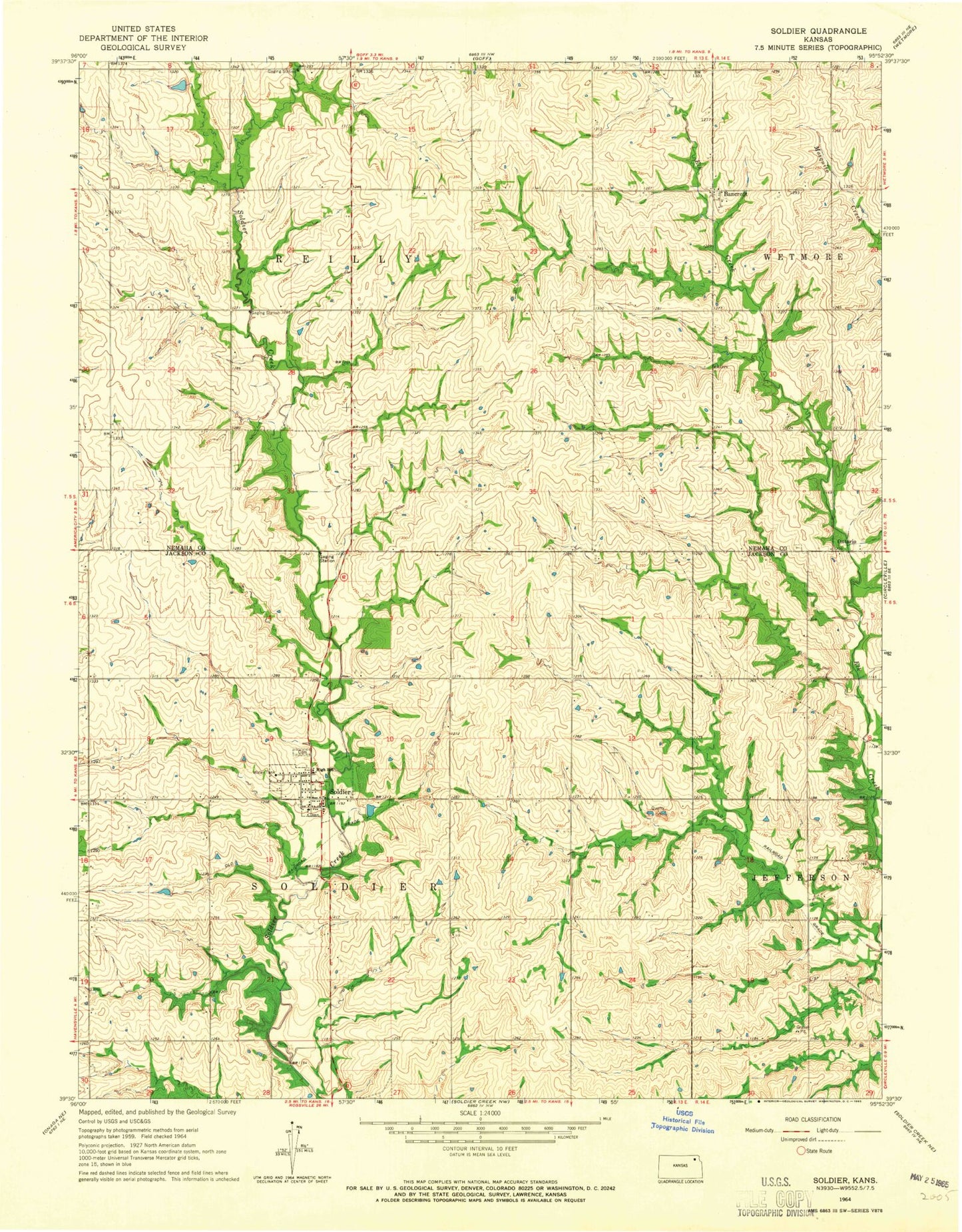 Classic USGS Soldier Kansas 7.5'x7.5' Topo Map Image