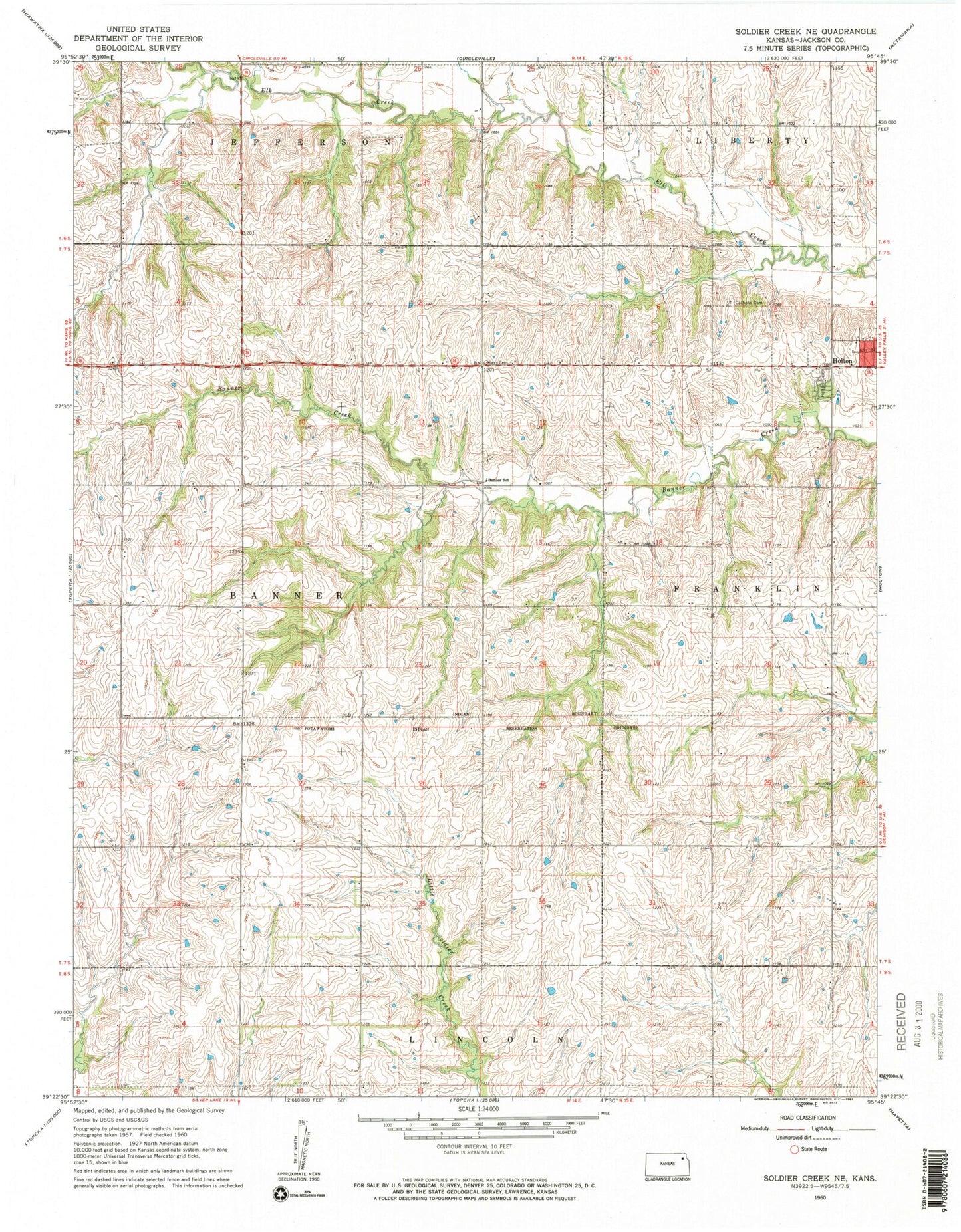 Classic USGS Soldier Creek NE Kansas 7.5'x7.5' Topo Map Image
