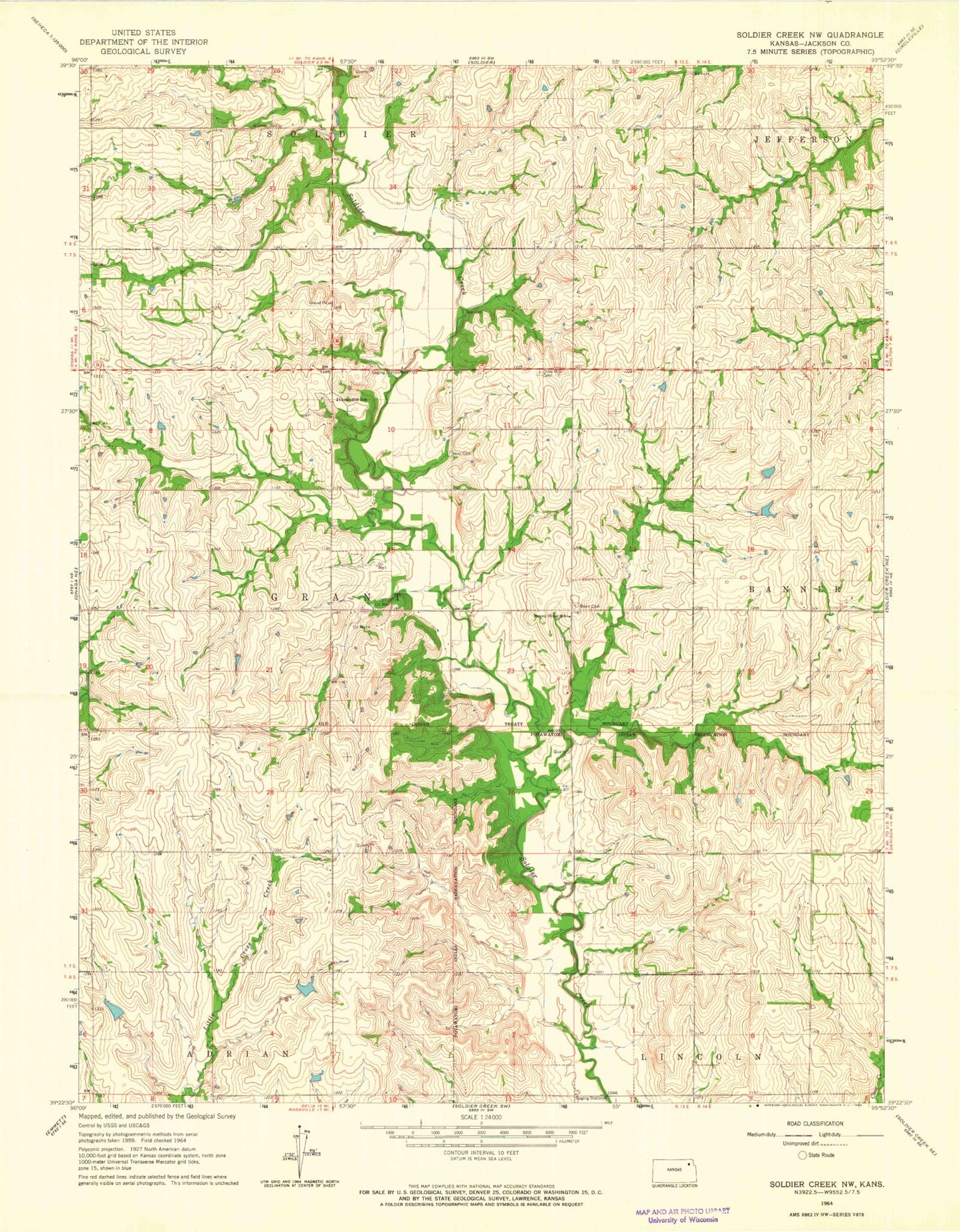 Classic USGS Soldier Creek NW Kansas 7.5'x7.5' Topo Map Image