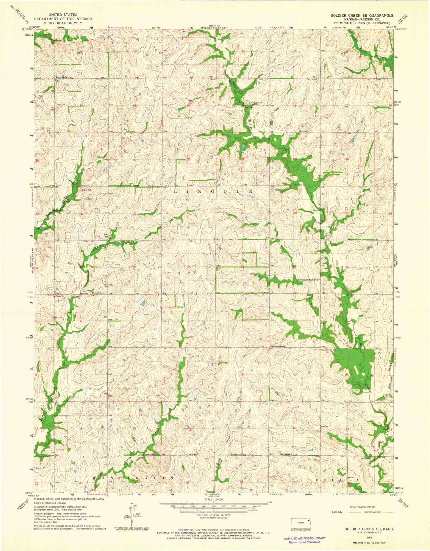 Classic USGS Soldier Creek SE Kansas 7.5'x7.5' Topo Map Image