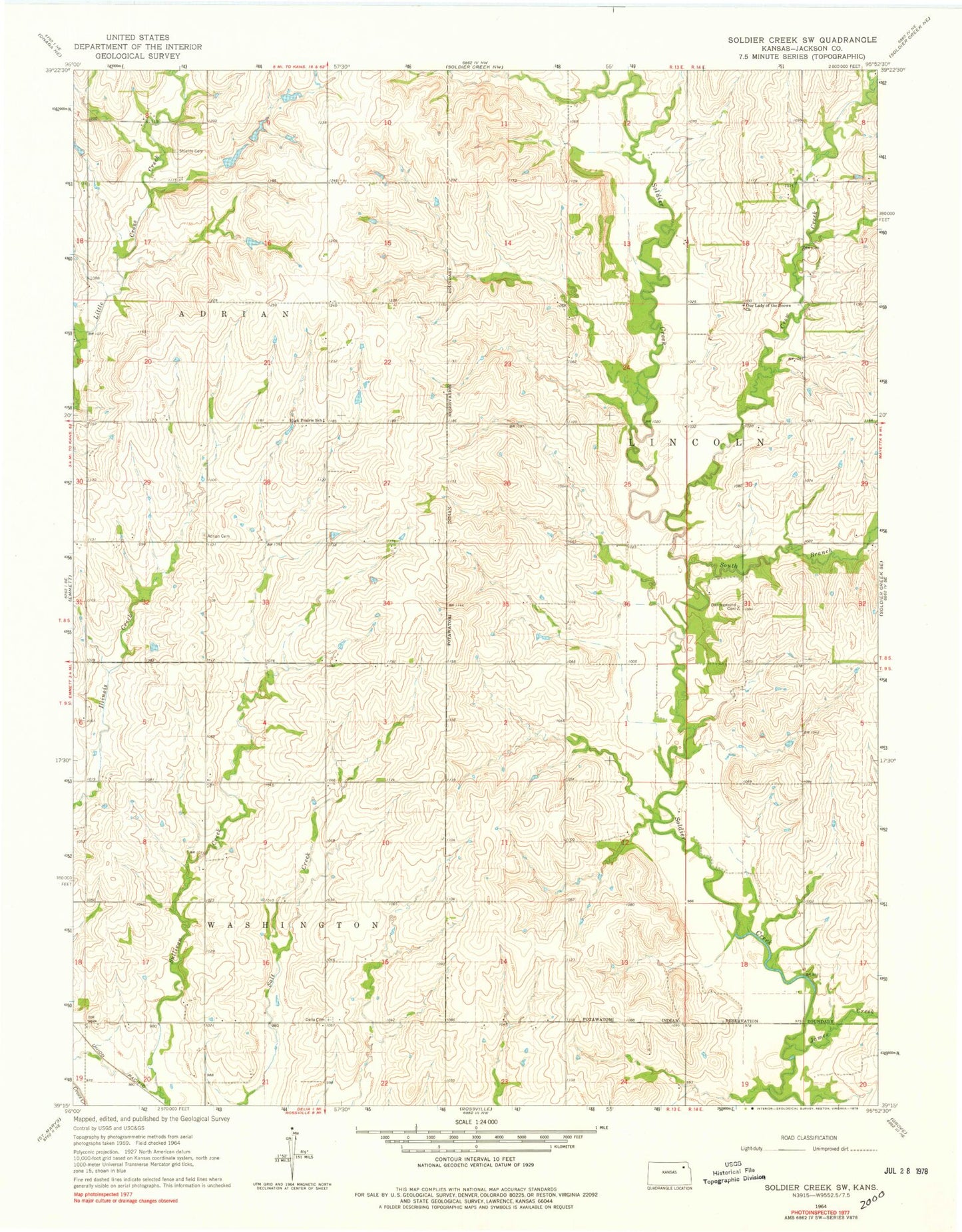Classic USGS Soldier Creek SW Kansas 7.5'x7.5' Topo Map Image