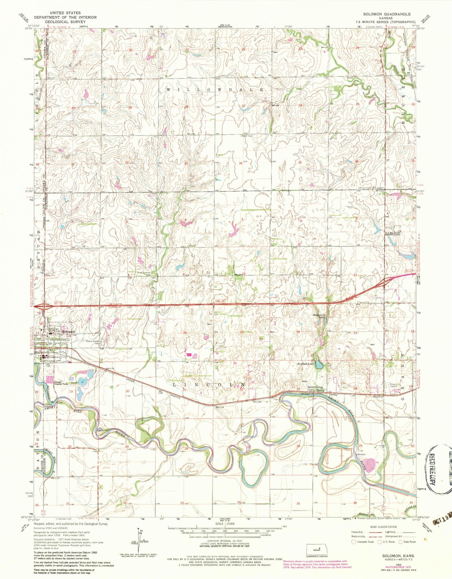 Classic USGS Solomon Kansas 7.5'x7.5' Topo Map Image