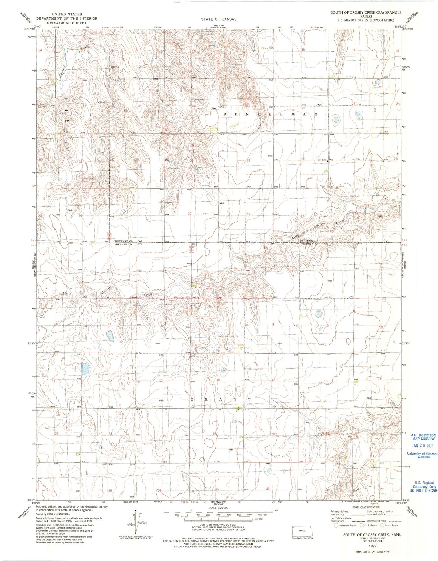 Classic USGS South of Crosby Creek Kansas 7.5'x7.5' Topo Map Image