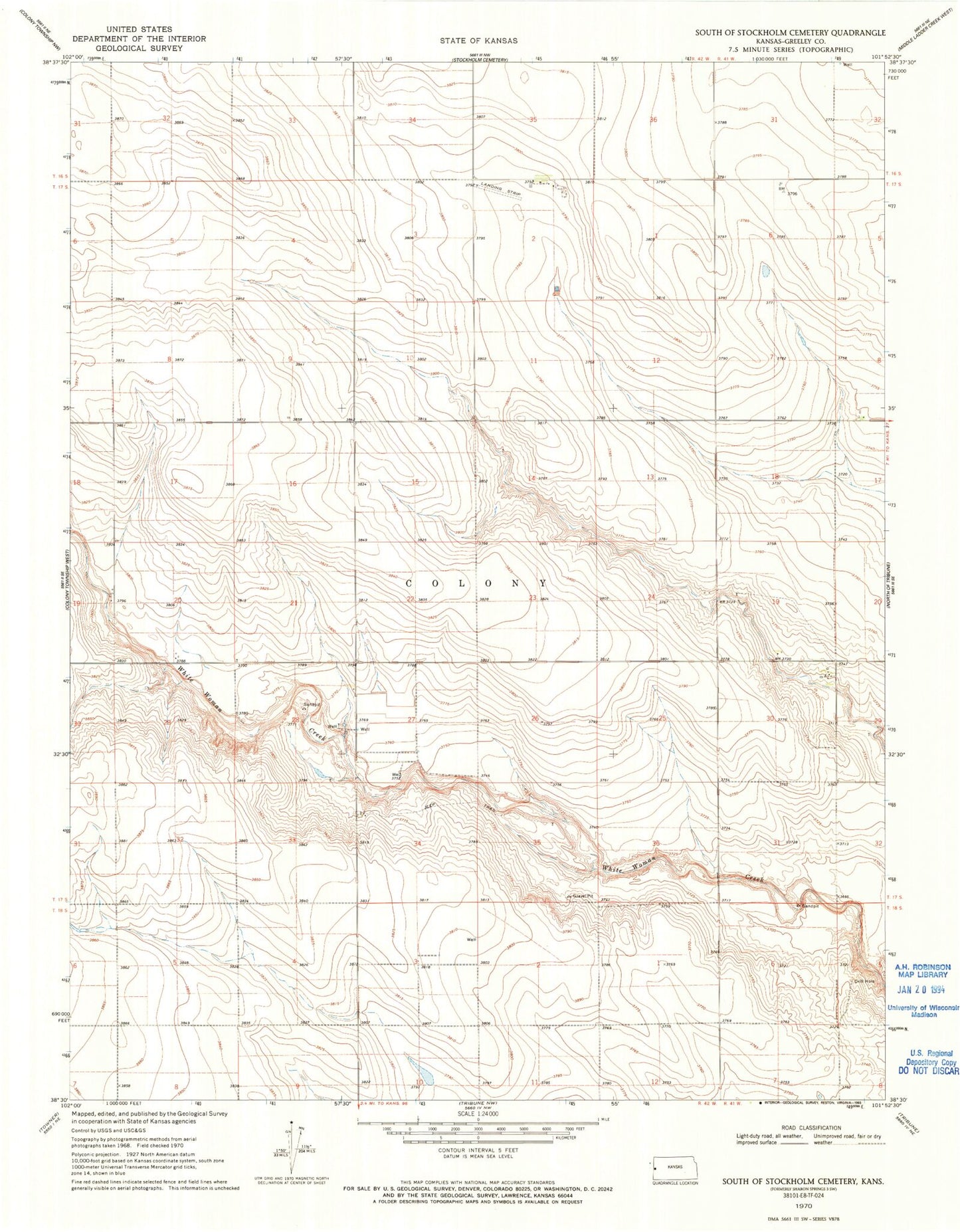 Classic USGS South of Stockholm Cemetery Kansas 7.5'x7.5' Topo Map Image